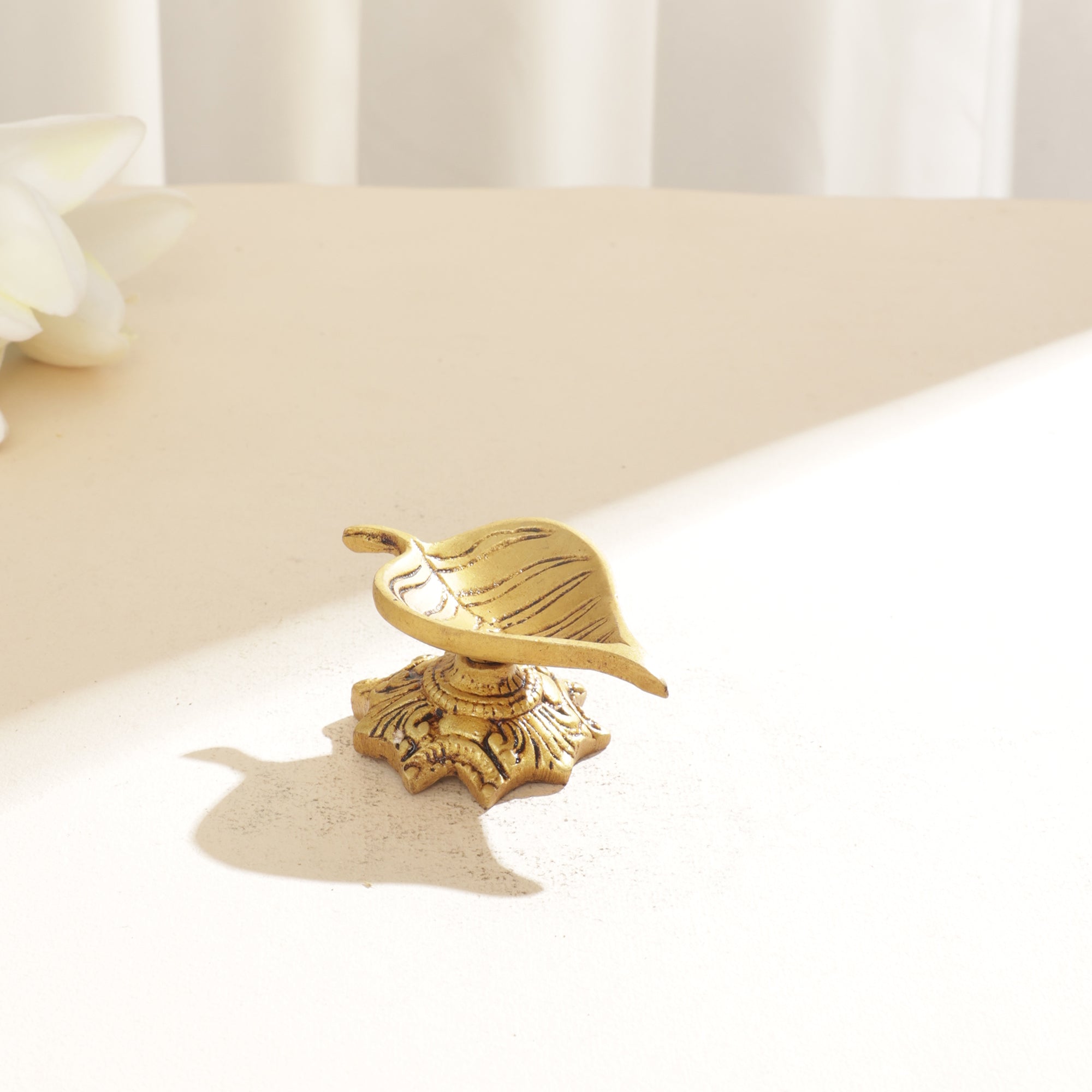 Brass Leaf Diya with Carving Stand - 1.5 inch