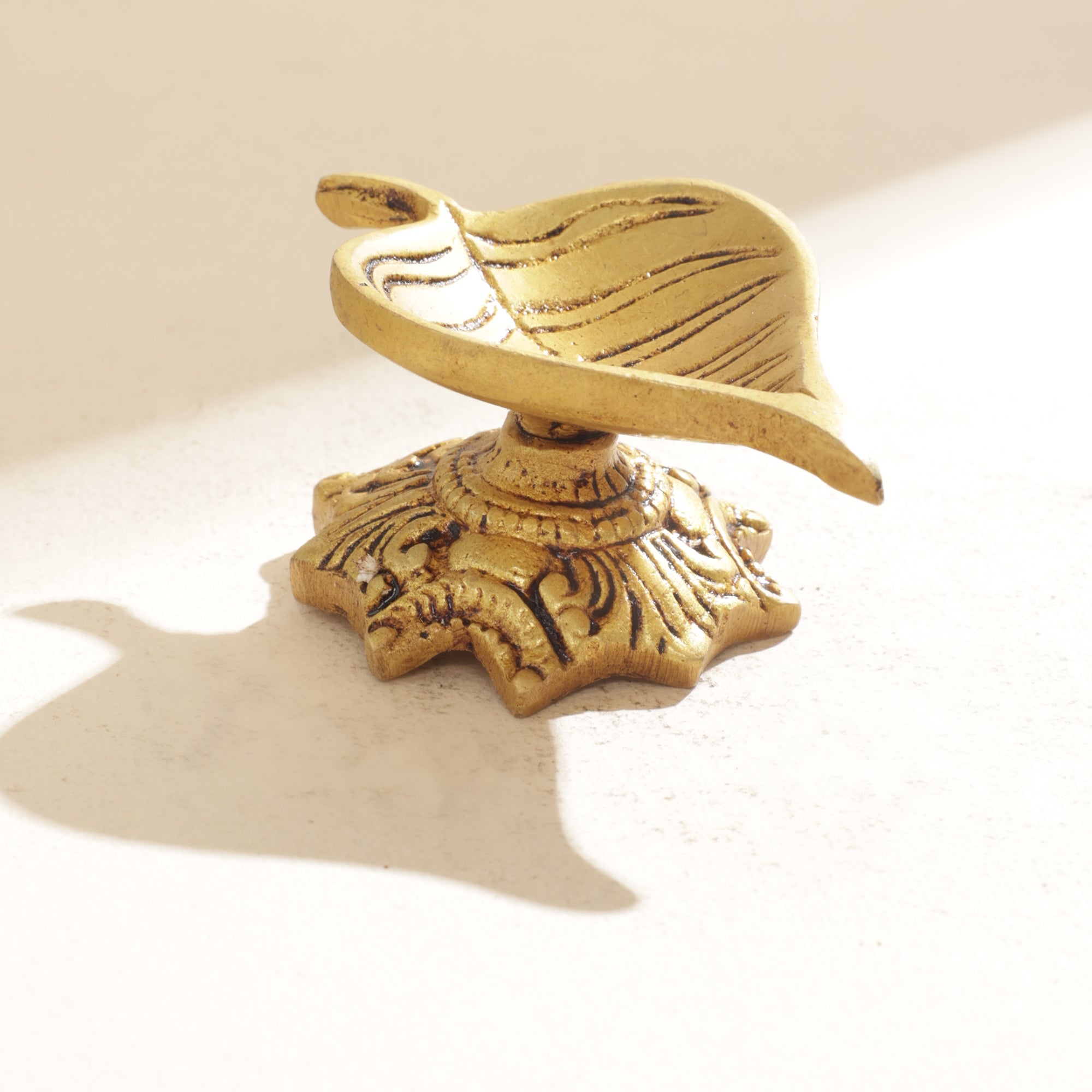 Brass Leaf Diya with Carving Stand - 1.5 inch