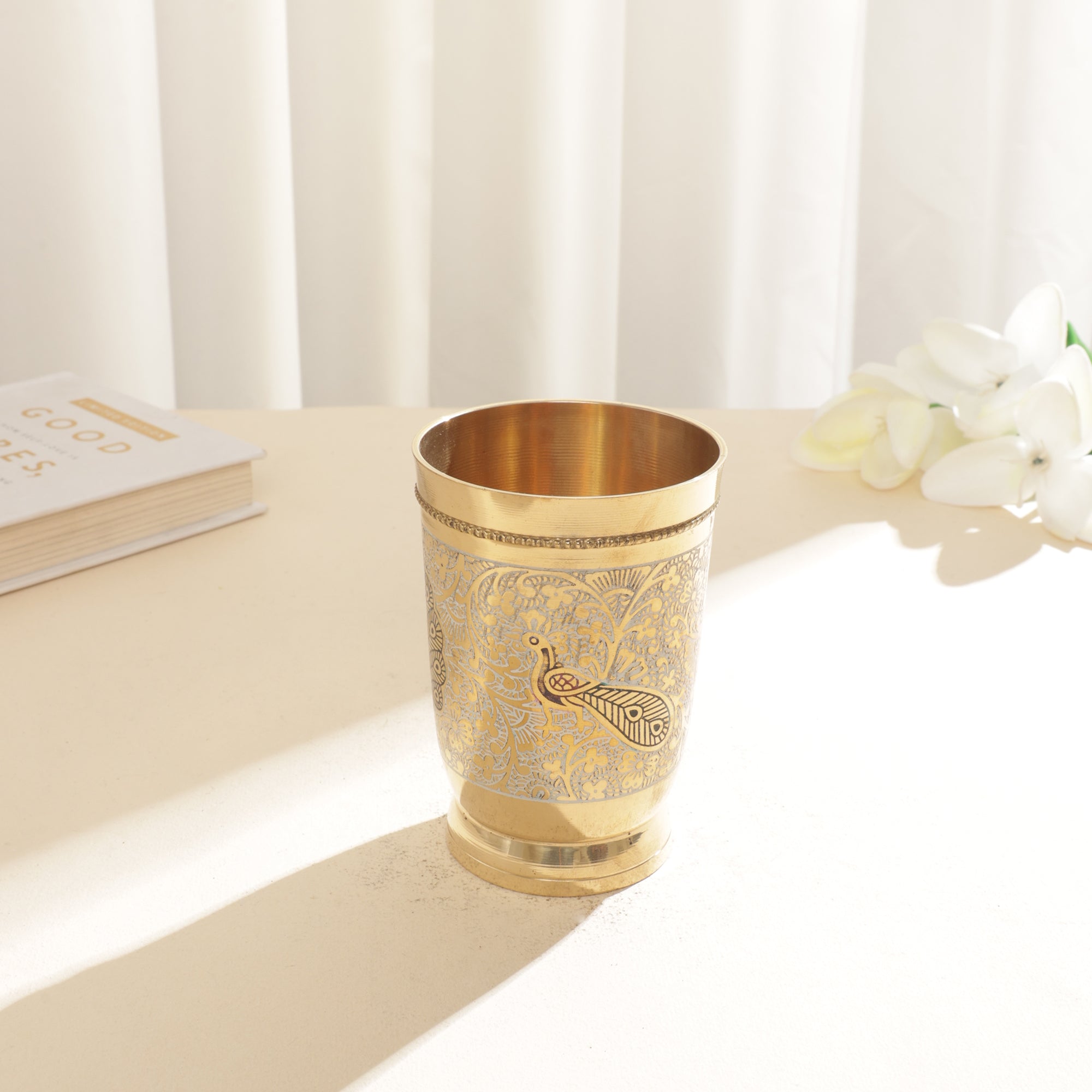 Brass Encraved Peacock Glass Set of 2