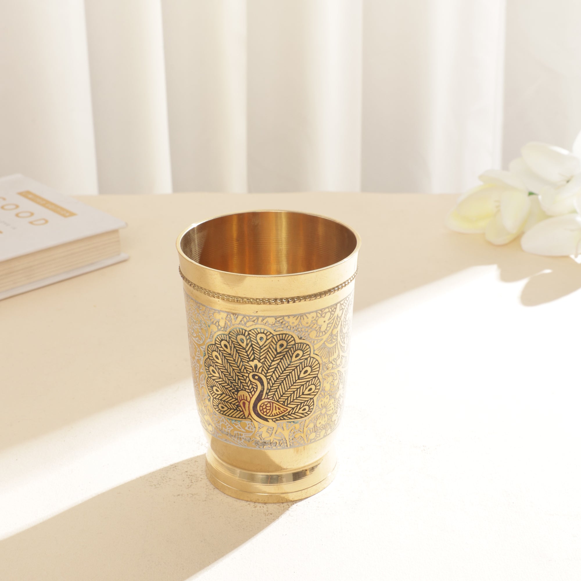 Brass Encraved Peacock Glass Set of 2