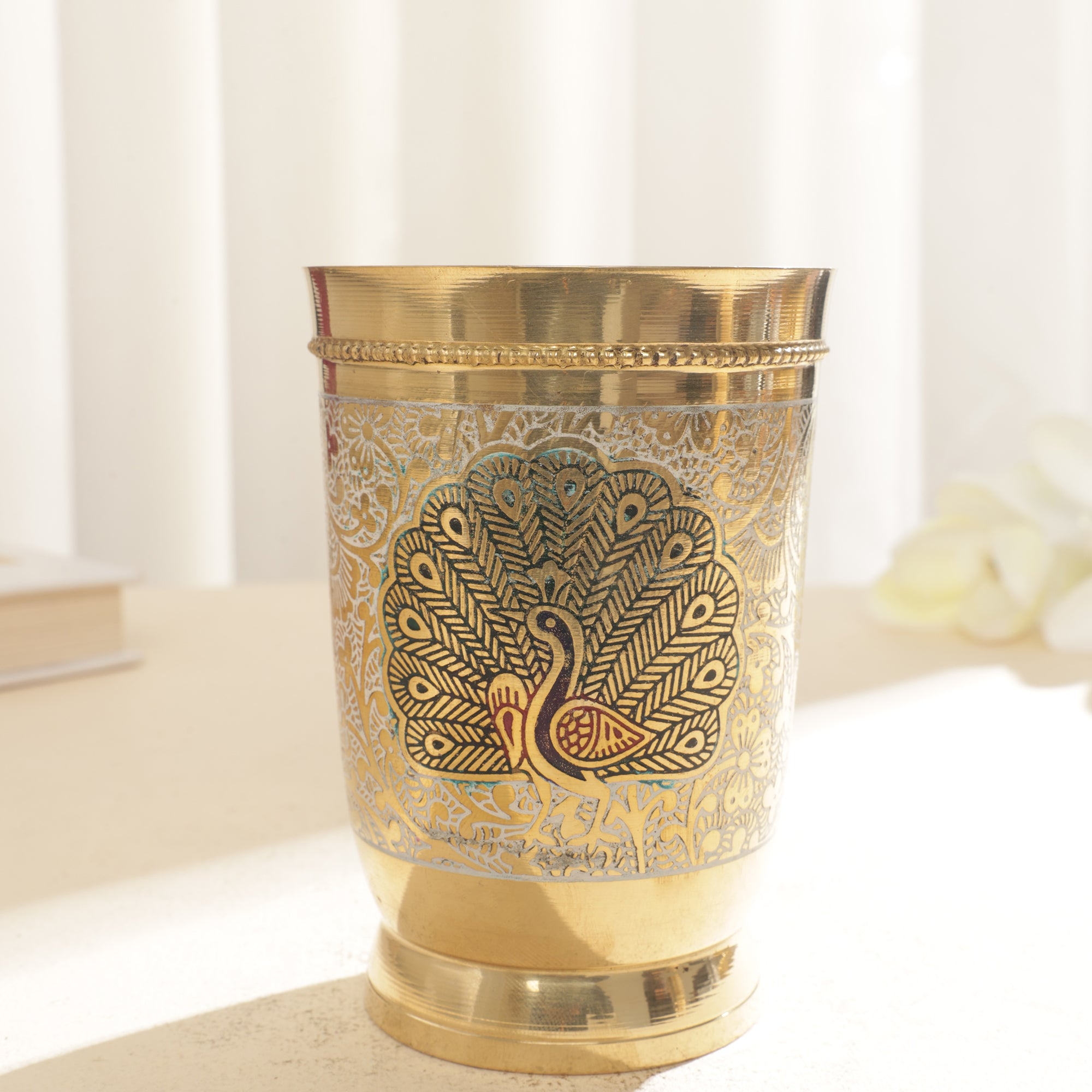 Brass Encraved Peacock Glass Set of 2