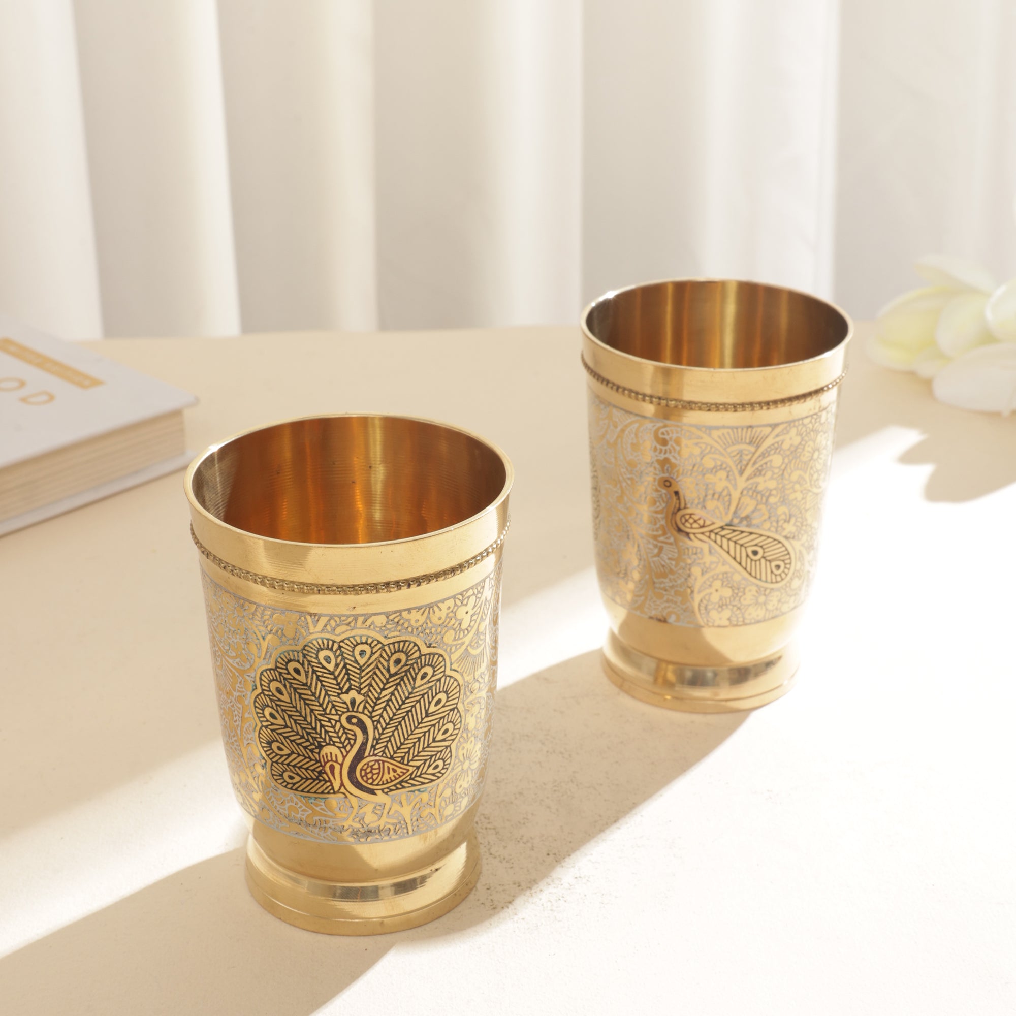 Brass Encraved Peacock Glass Set of 2