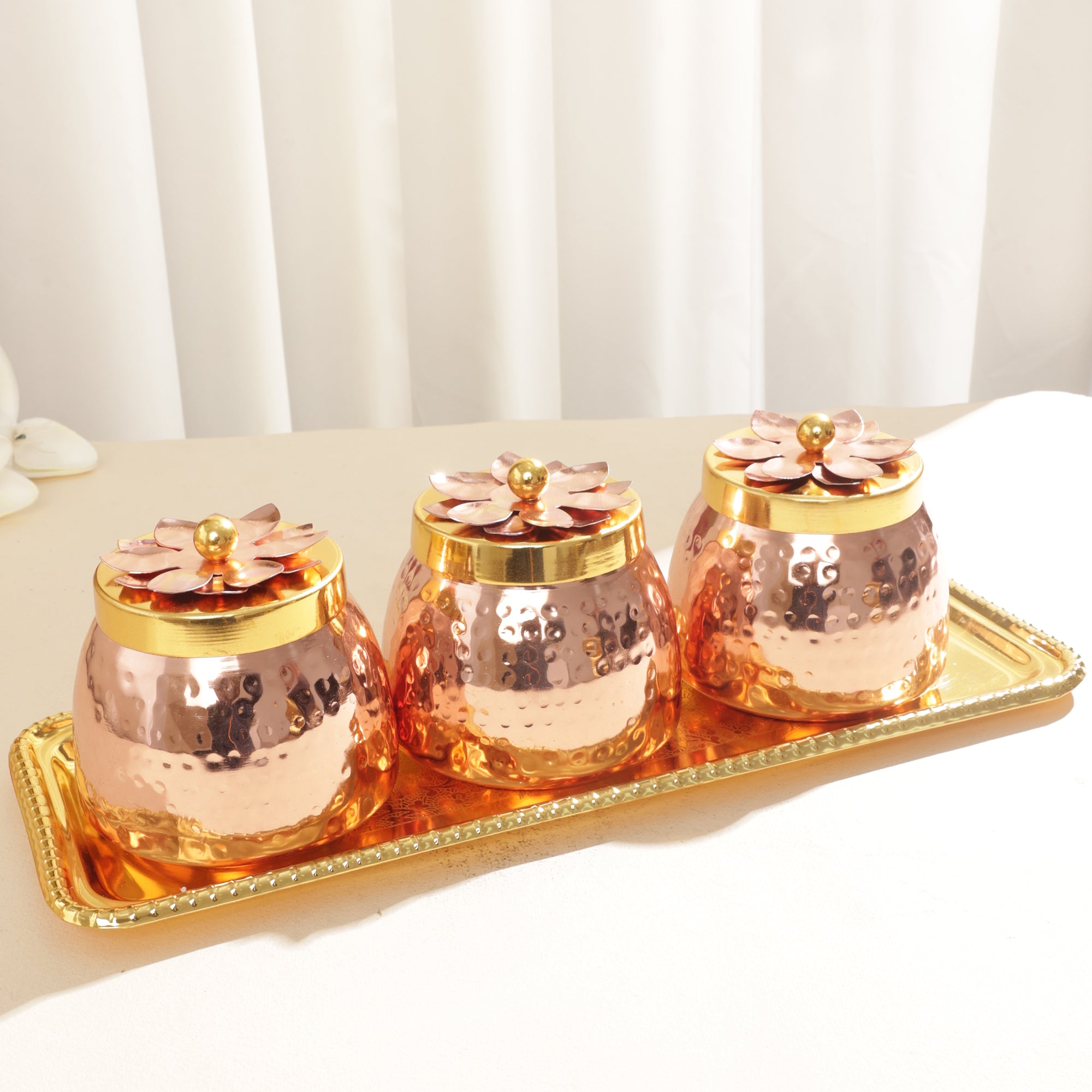 Copper Coating Dry Fruit Serving Container With Tray Set of 3