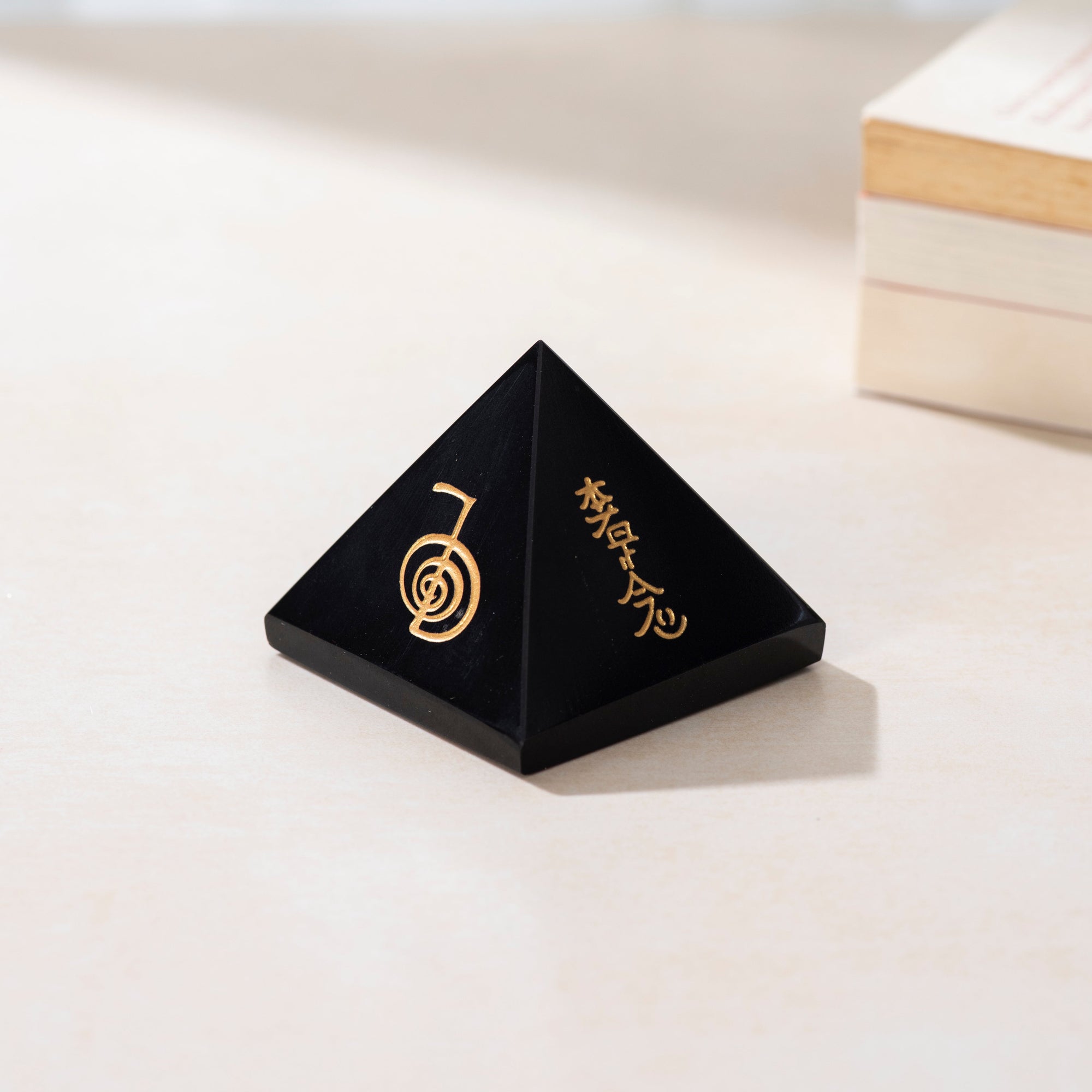 Black Tourmaline Reiki Symbol Pyramid for Protection