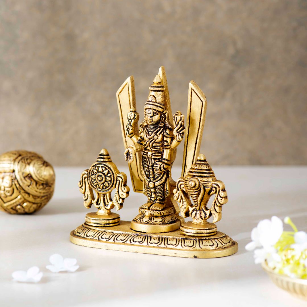 Superfine Brass Tirupati Balaji Idol With Shankh Chakra Tilak - 5 Inch