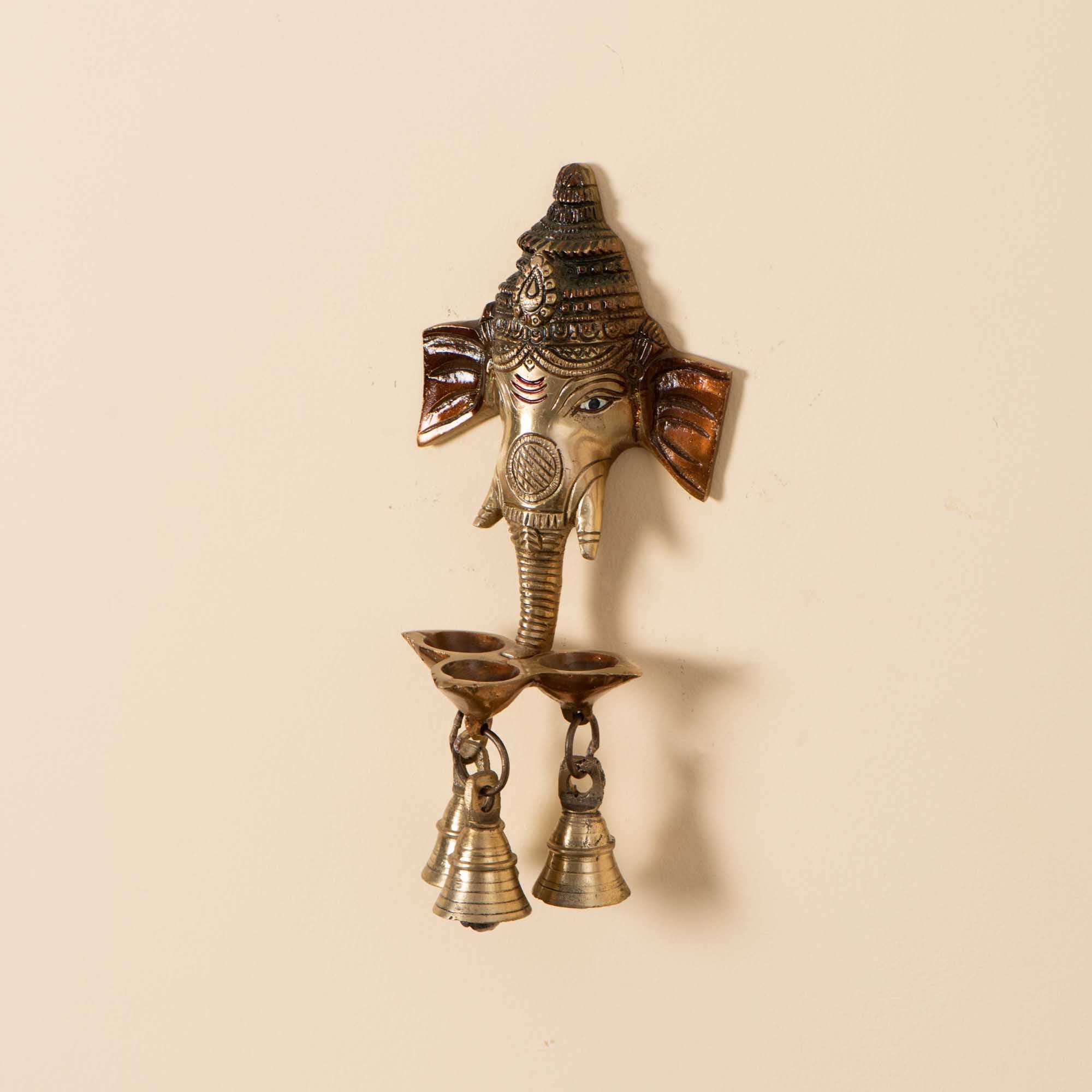 Brass Ganesha Three Face Diya With Bells - 8 Inch