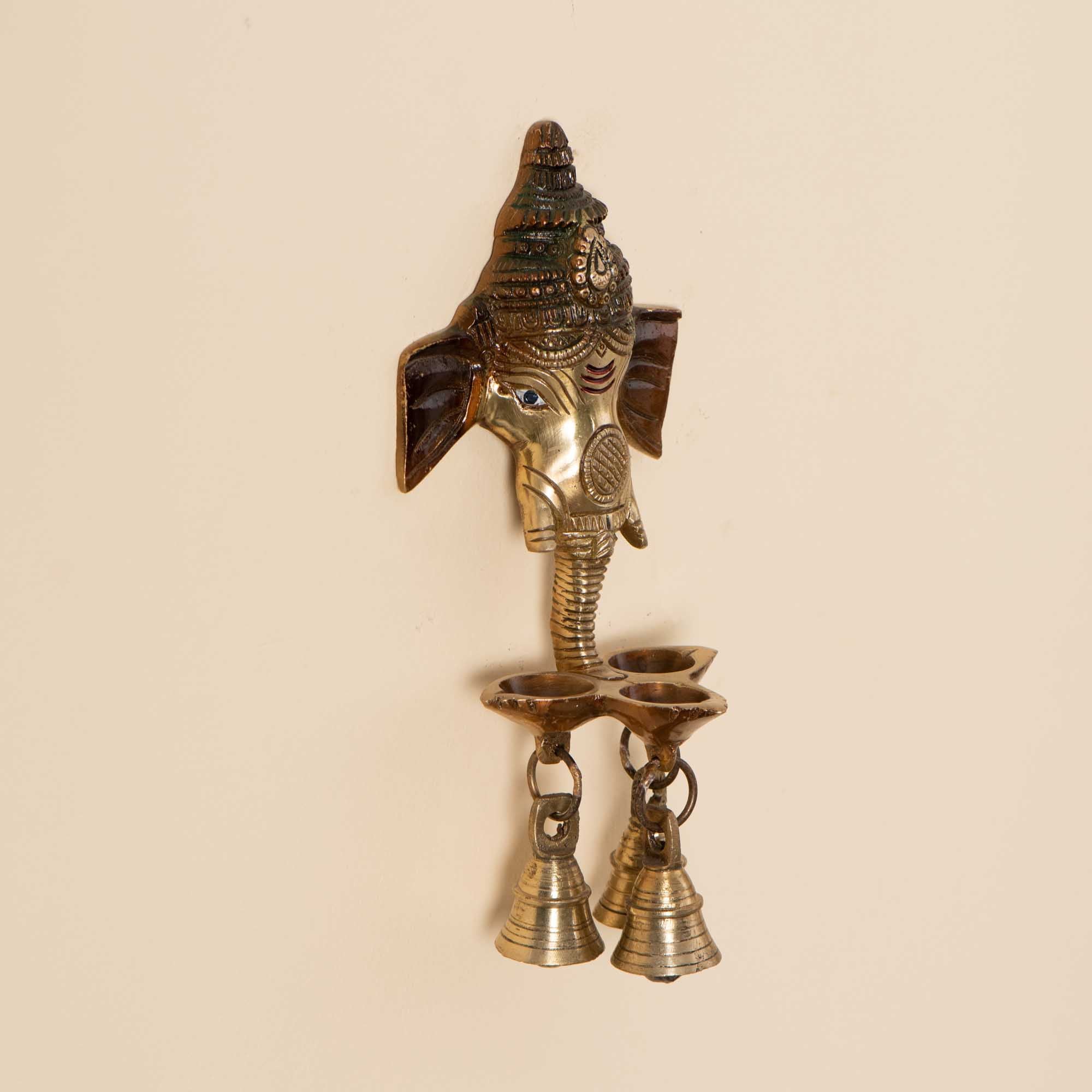 Brass Ganesha Three Face Diya With Bells - 8 Inch