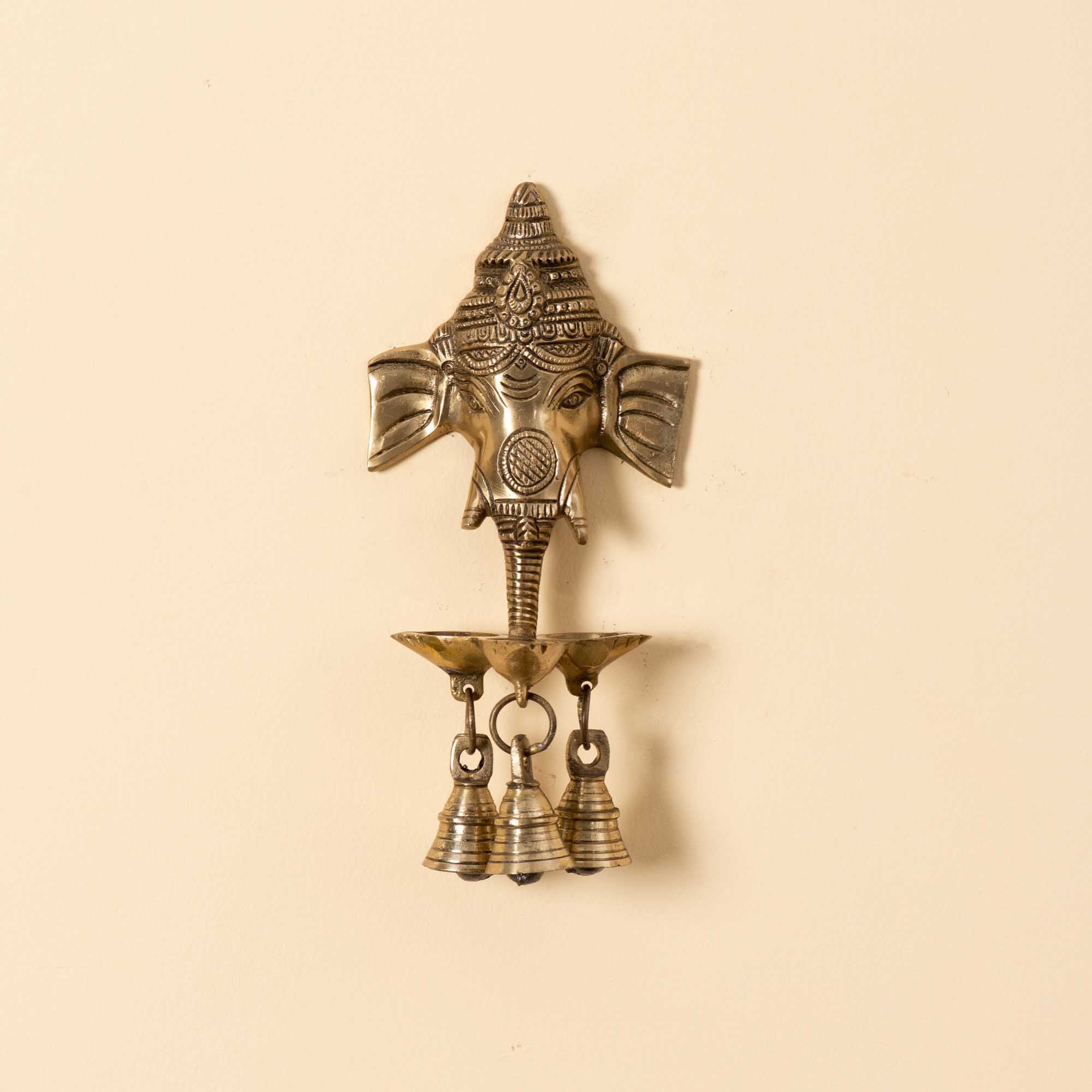 Brass Ganesha Three Face Diya With Bells - 8 Inch