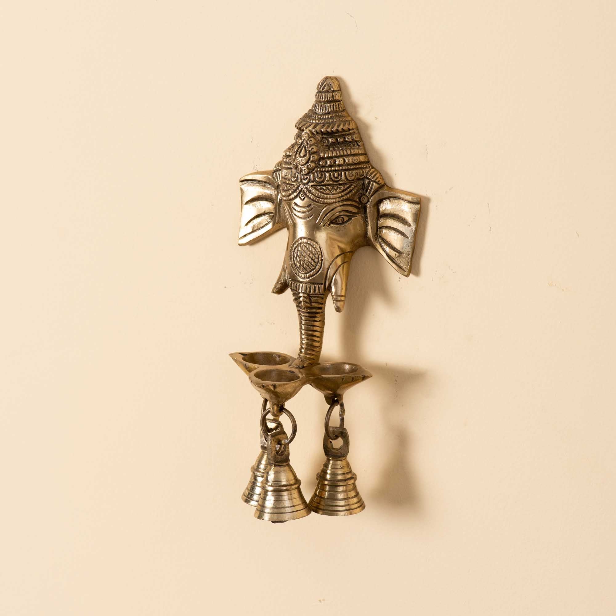 Brass Ganesha Three Face Diya With Bells - 8 Inch