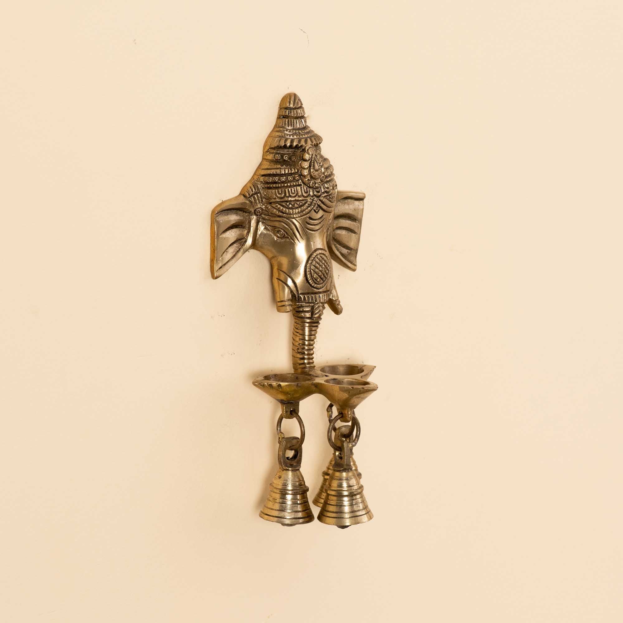 Brass Ganesha Three Face Diya With Bells - 8 Inch