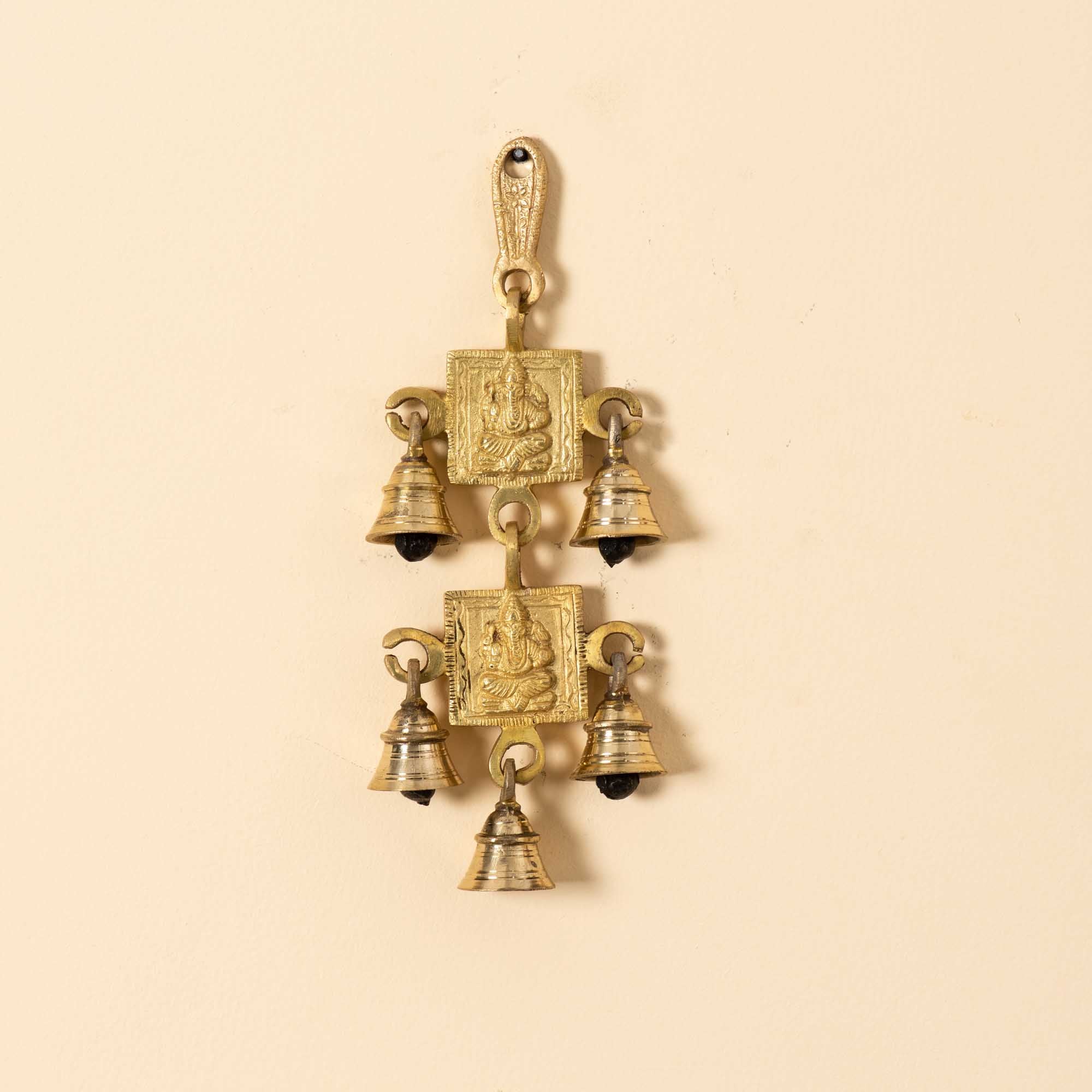 Brass Laxmi Ganesh Wall Hanging With Bells - 8 Inch