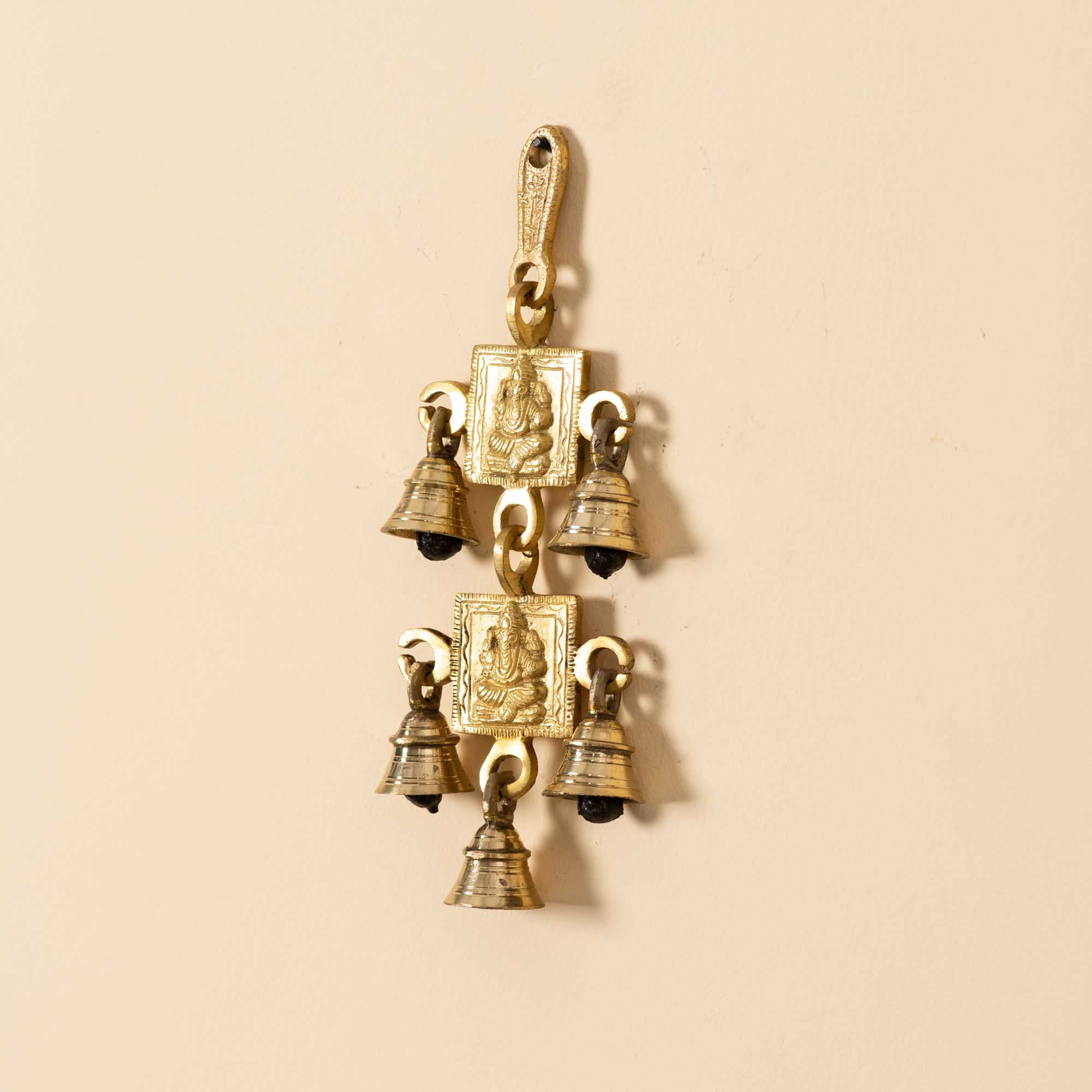 Brass Laxmi Ganesh Wall Hanging With Bells - 8 Inch