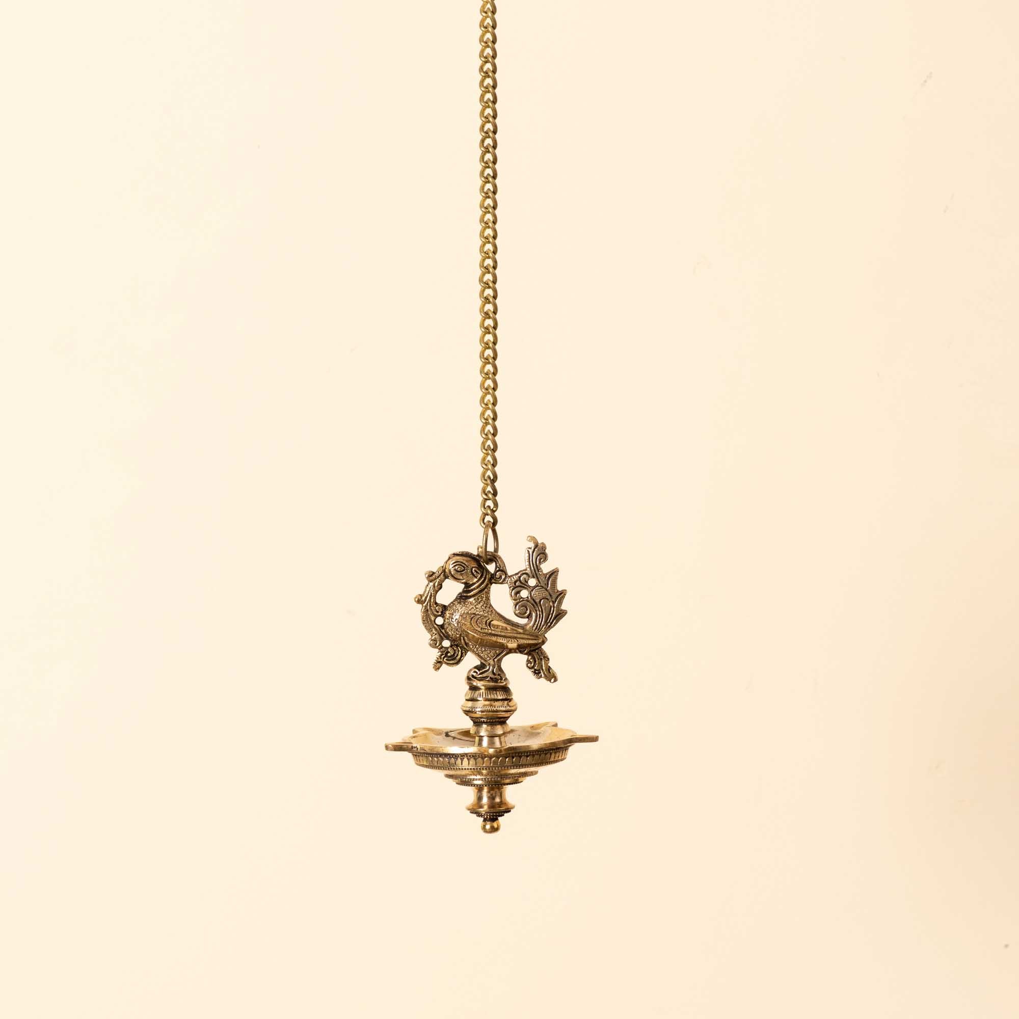 Graceful Brass Chain Diya with Bird Design - 21 Inch