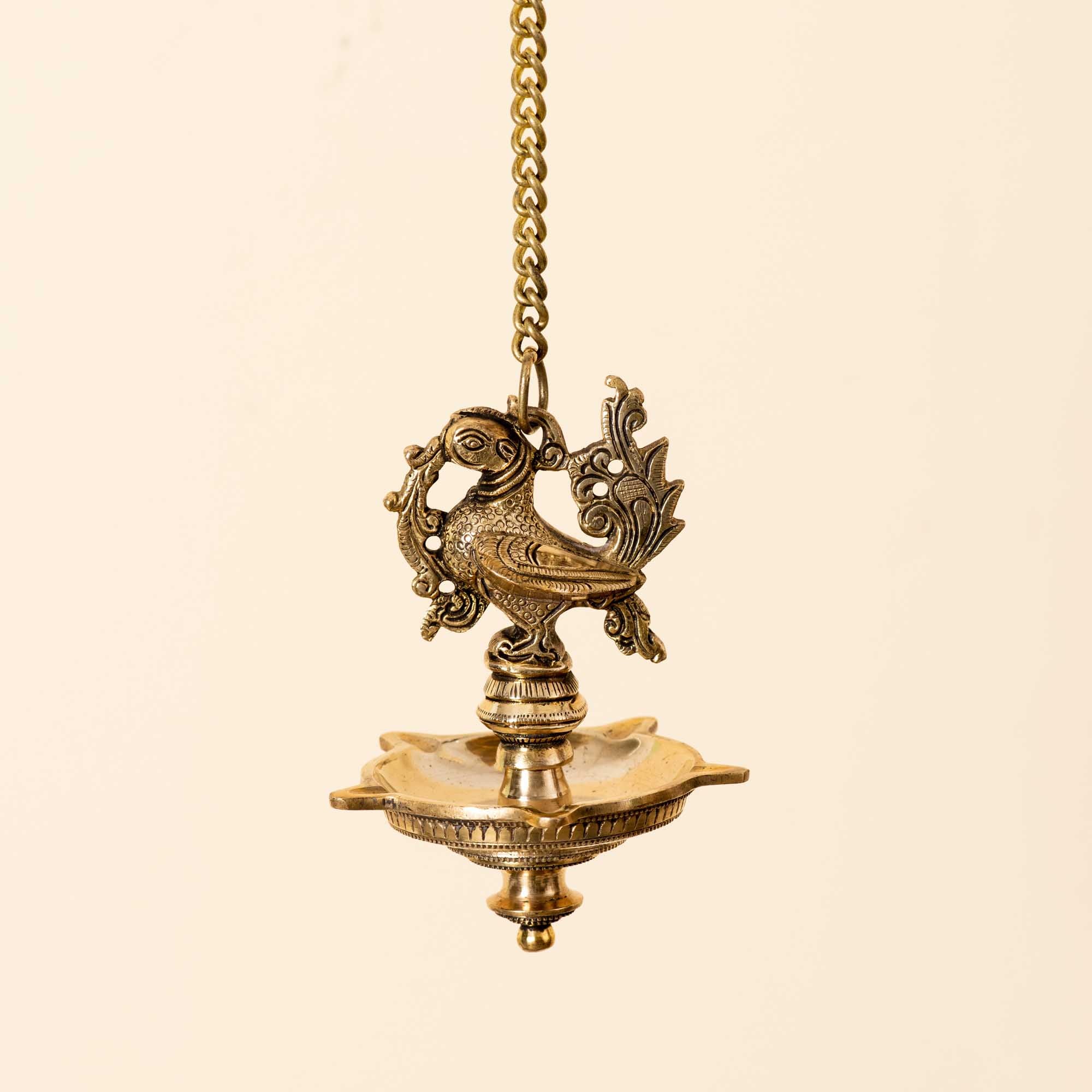 Graceful Brass Chain Diya with Bird Design - 21 Inch