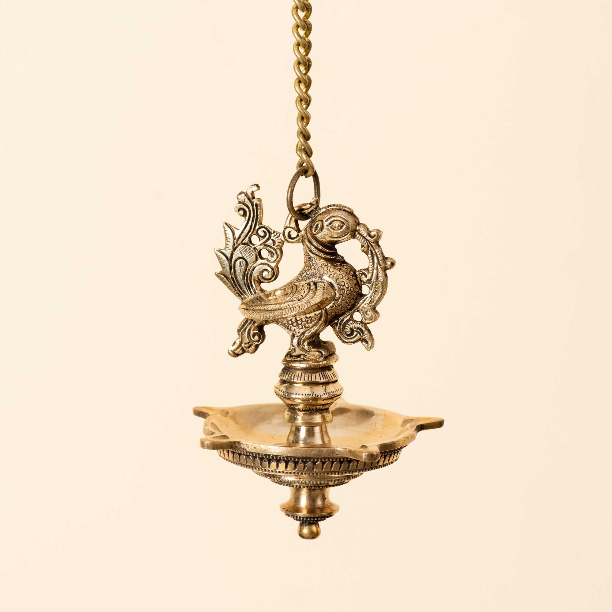 Graceful Brass Chain Diya with Bird Design - 21 Inch