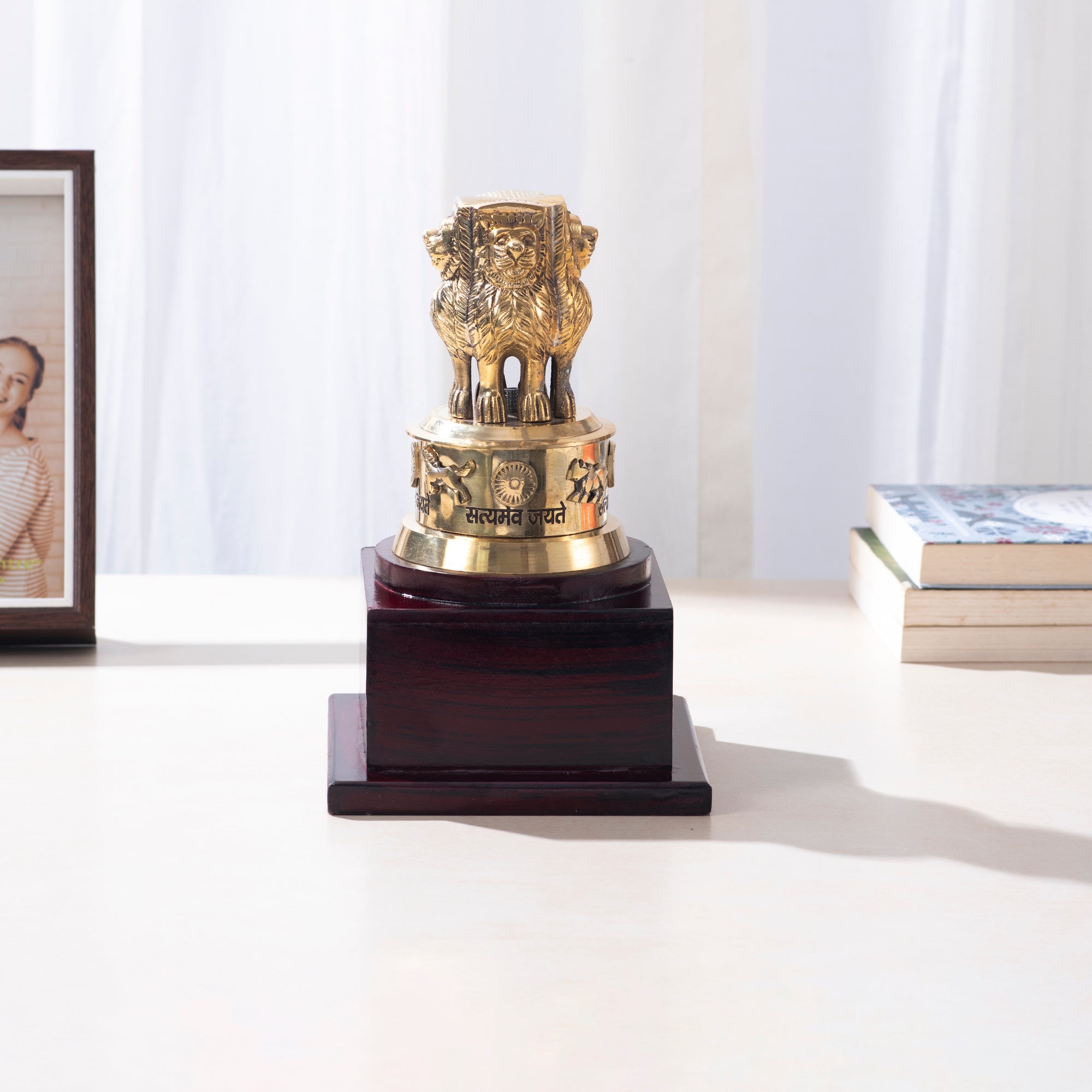 Brass Ashoka Stambh with Wooden Stand - 9 inch