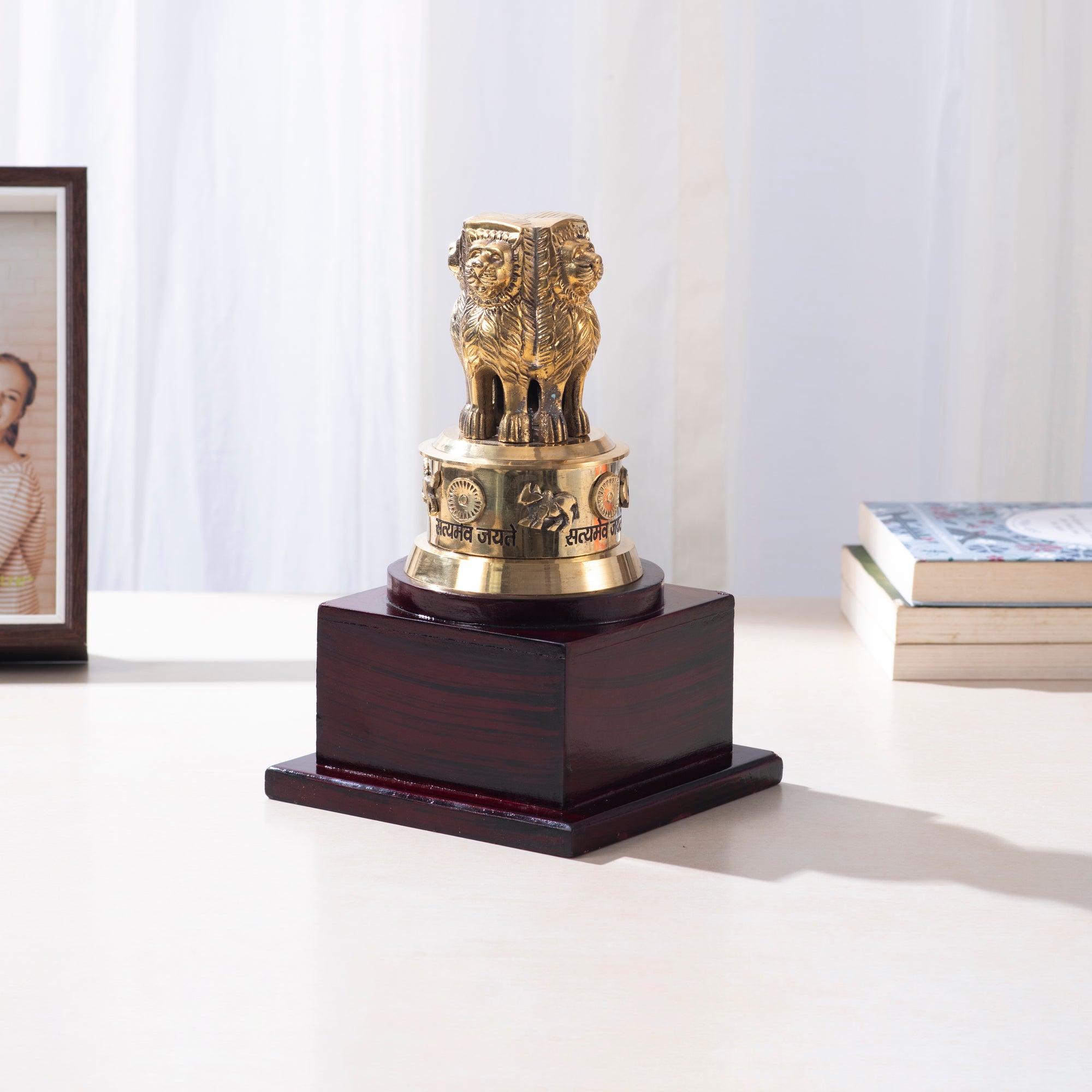 Brass Ashoka Stambh with Wooden Stand - 9 inch