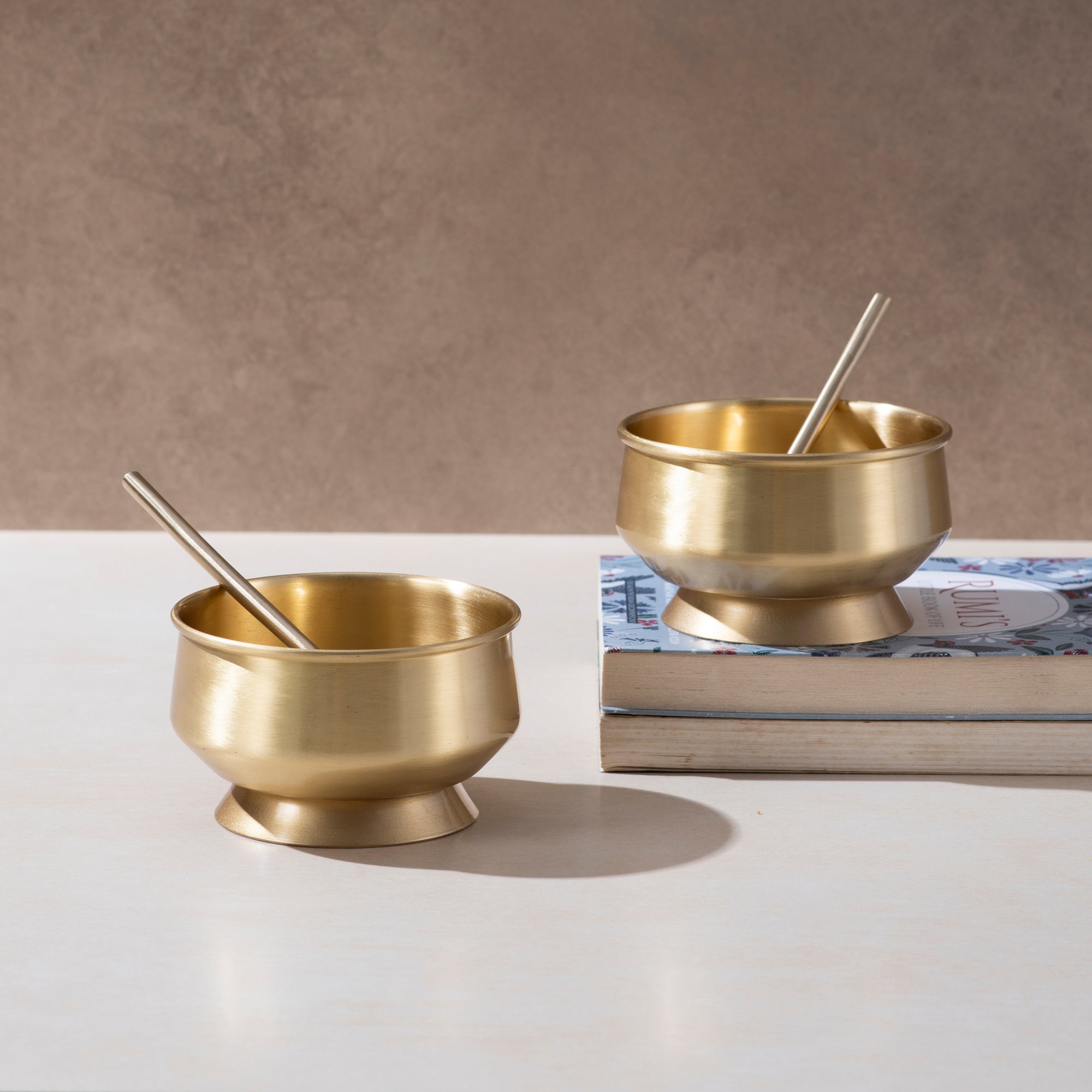 Brass Food Grade Custard Dessert Bowl with Spoon Set of 2