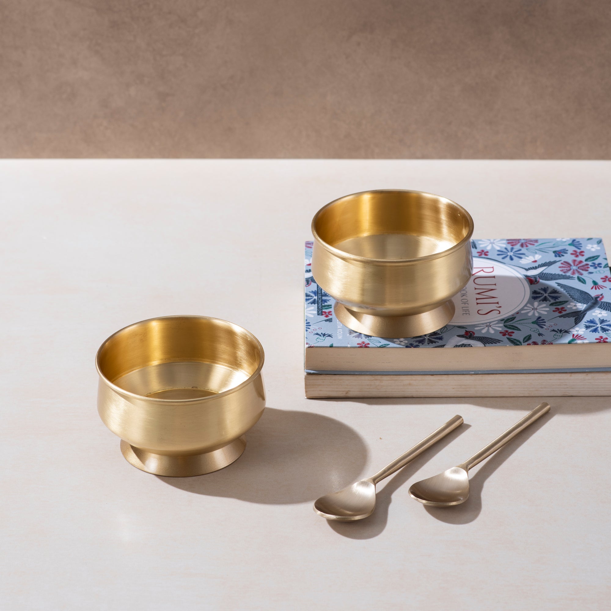 Brass Food Grade Custard Dessert Bowl with Spoon Set of 2