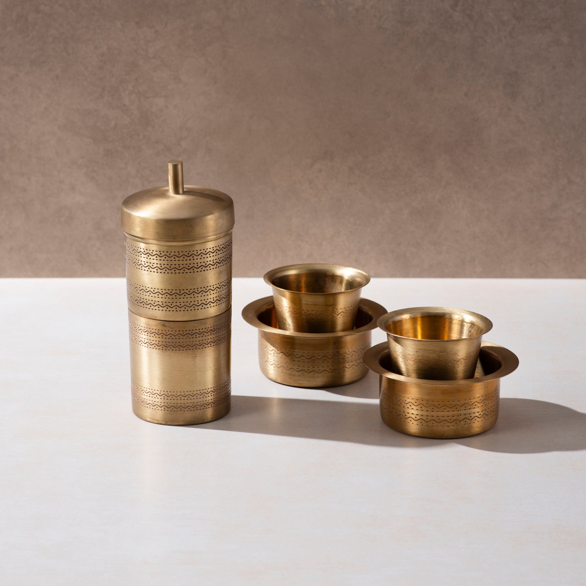 Brass Handcrafted Coffee Filter with Dabara Set - Traditional South Indian Coffee Experience