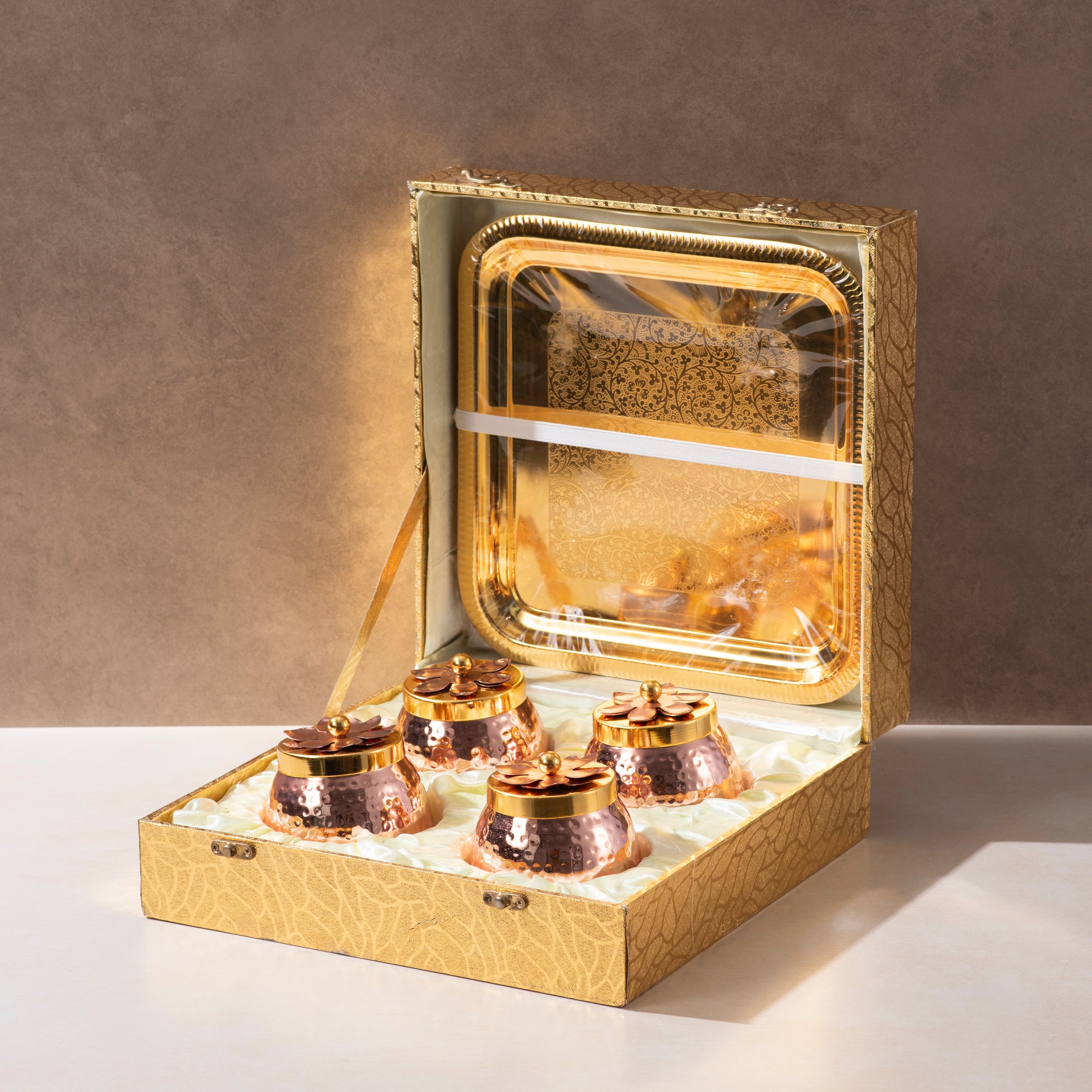 Copper Coating Dryfruit Container with Tray – Set of 4 Elegant Storage Solutions