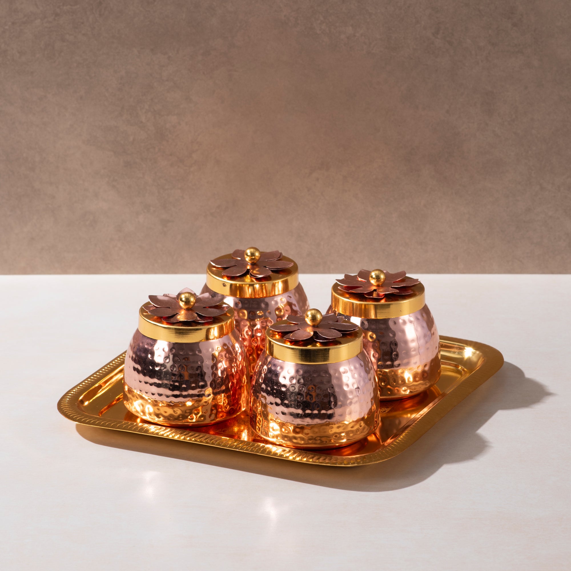 Copper Coating Dryfruit Container with Tray – Set of 4 Elegant Storage Solutions