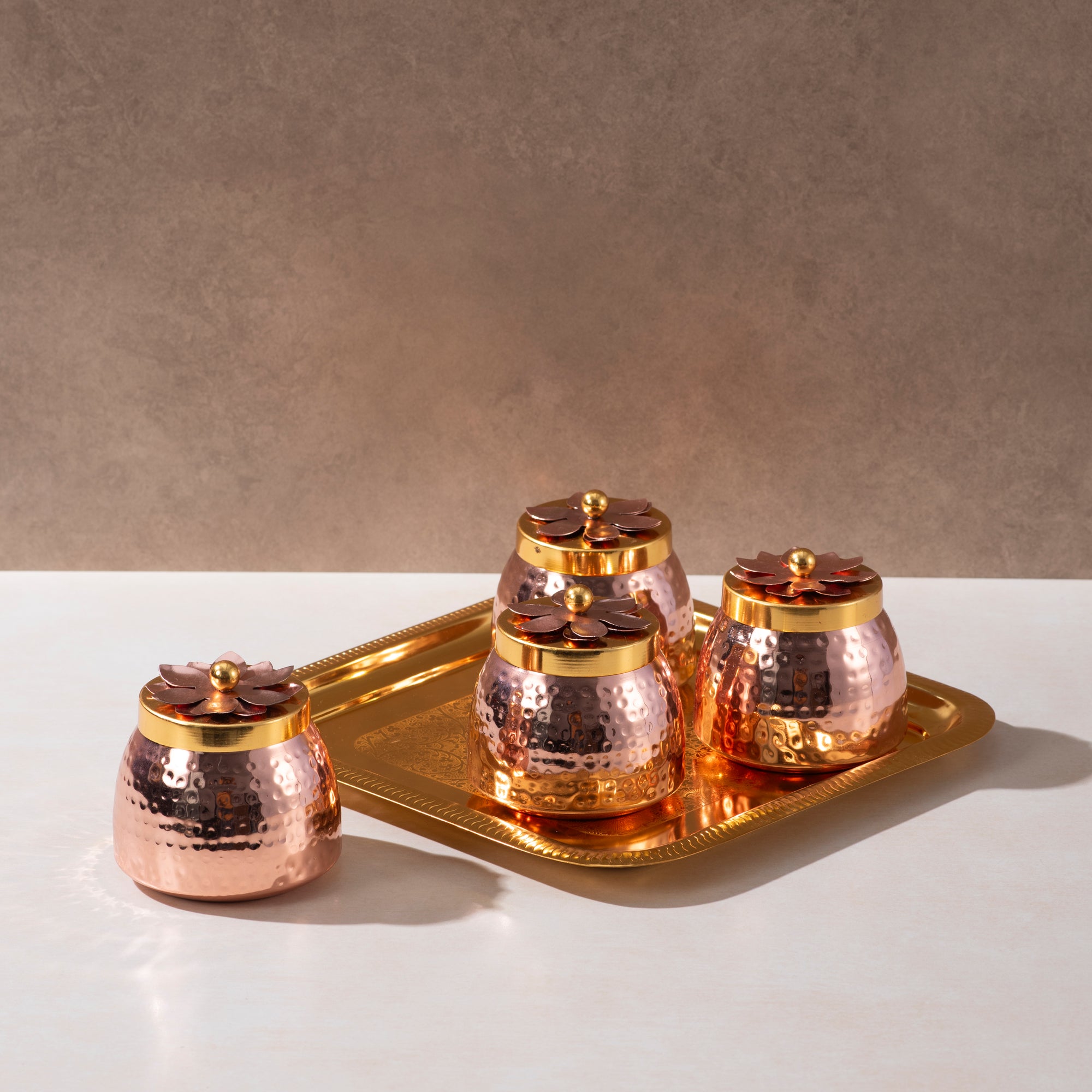 Copper Coating Dryfruit Container with Tray – Set of 4 Elegant Storage Solutions