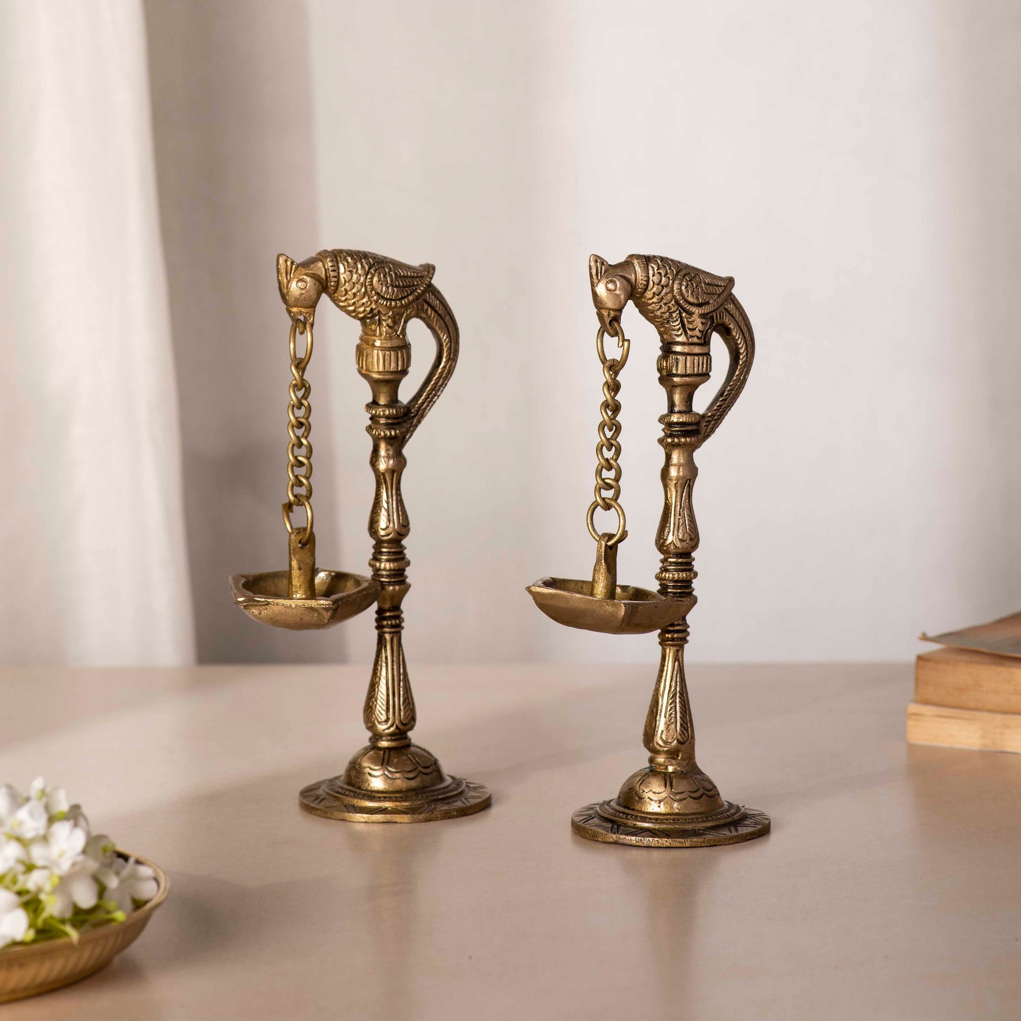 Brass Golden Parrot Diya Pair - 7 Inch