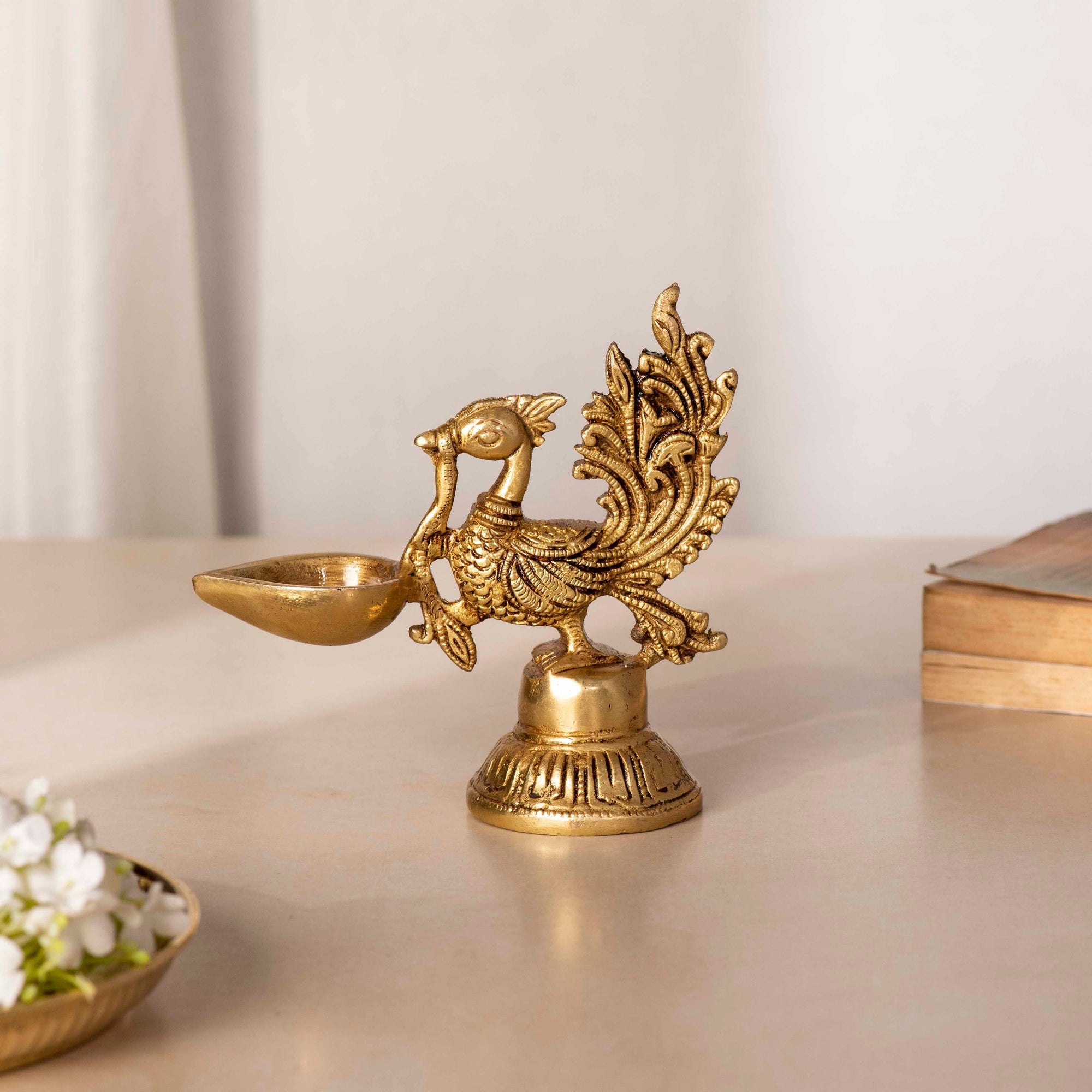Brass Hand Carved Peacock Peace Lamp - 5 Inch