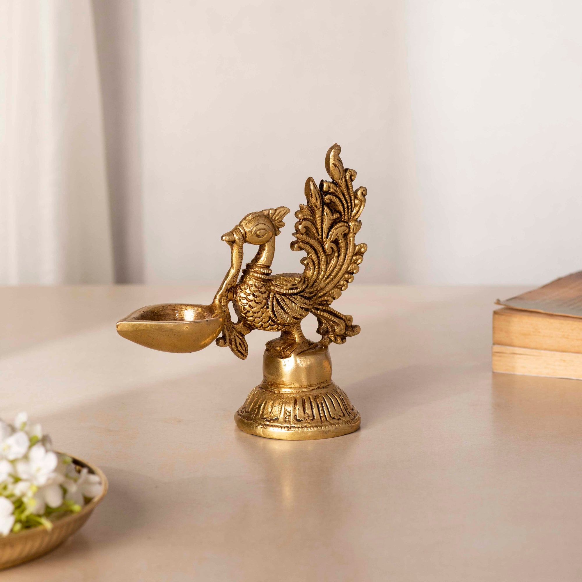Brass Hand Carved Peacock Peace Lamp - 5 Inch