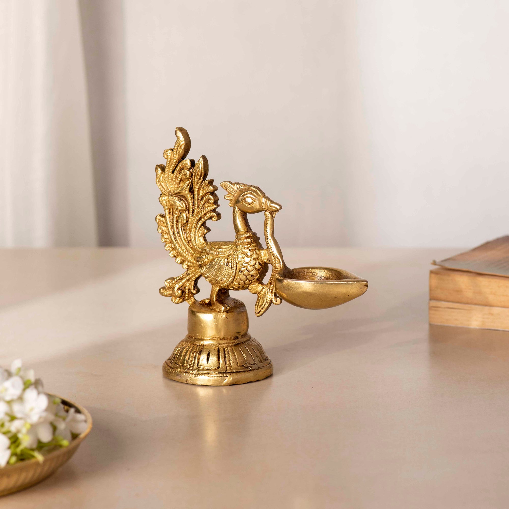 Brass Hand Carved Peacock Peace Lamp - 5 Inch