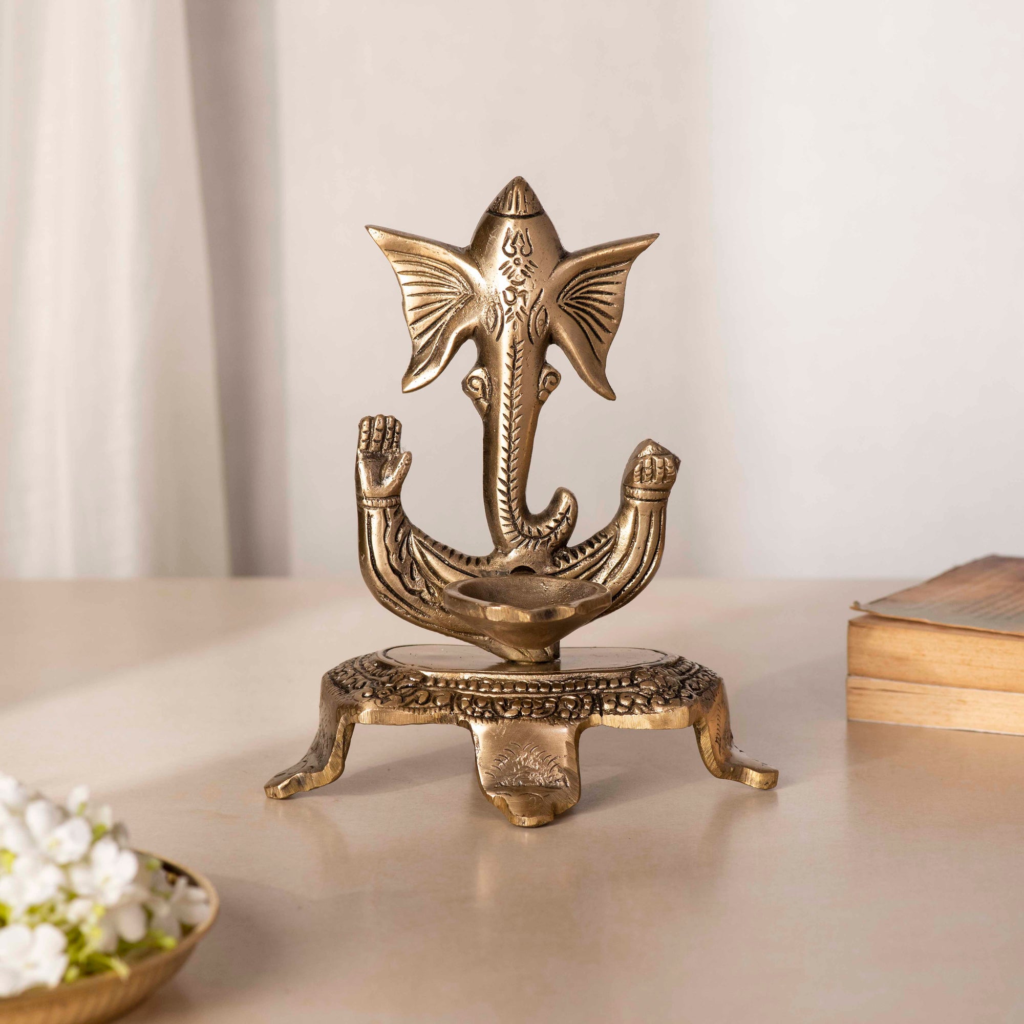 Brass Ganesh Deep With Chowki - 7 Inch