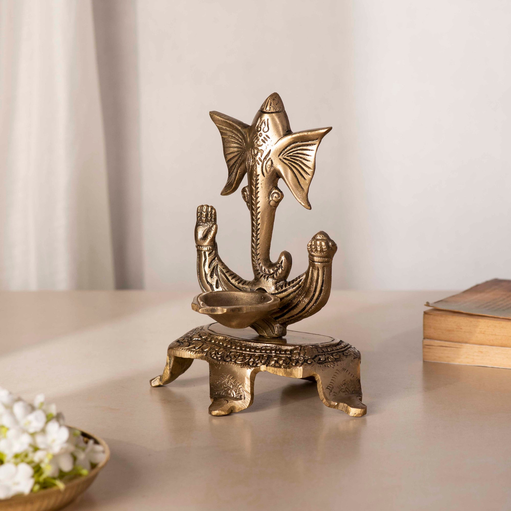 Brass Ganesh Deep With Chowki - 7 Inch