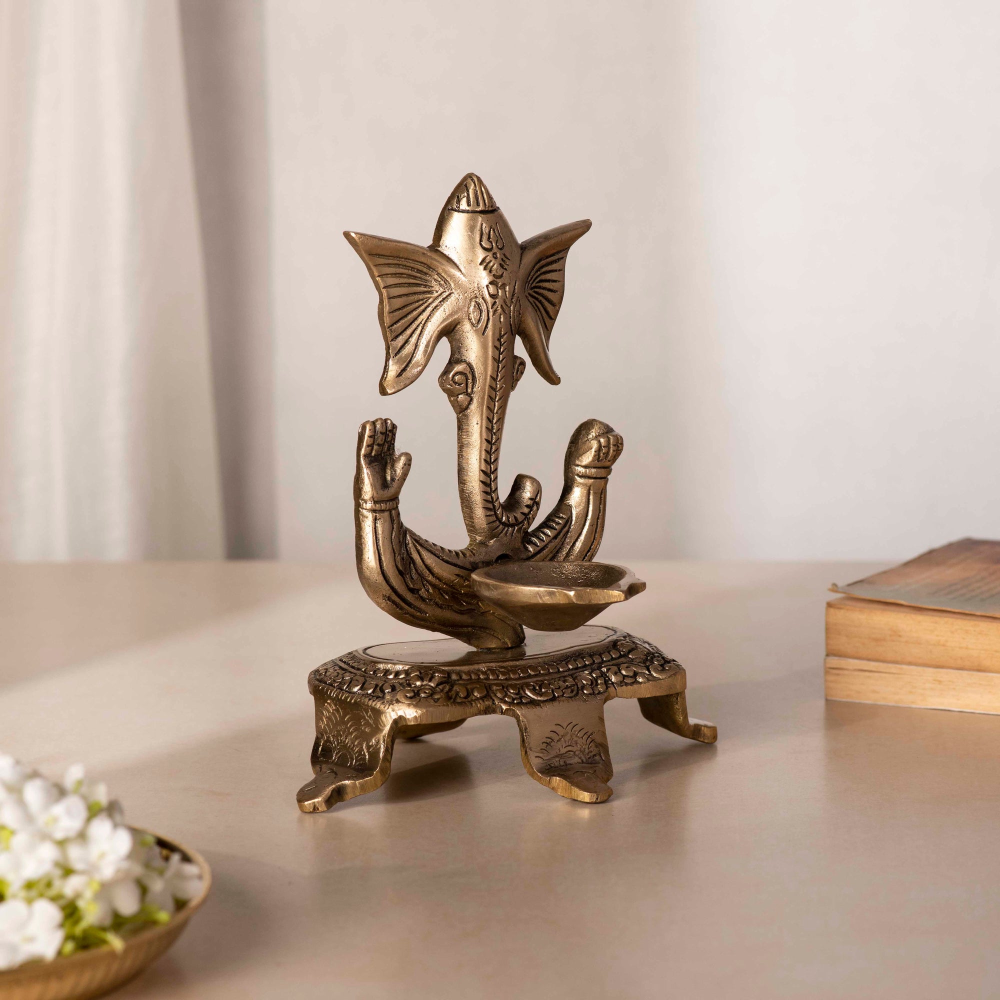 Brass Ganesh Deep With Chowki - 7 Inch