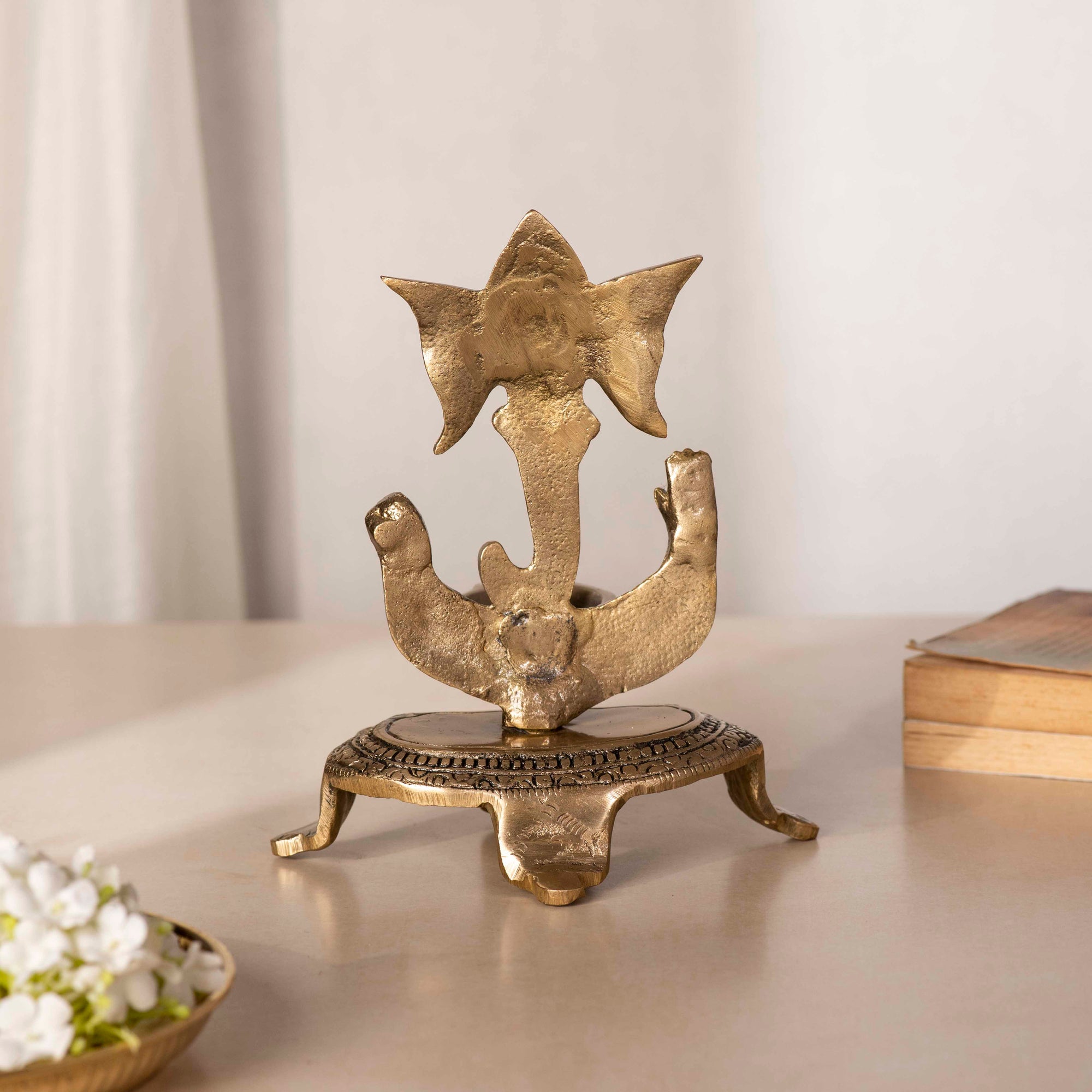 Brass Ganesh Deep With Chowki - 7 Inch