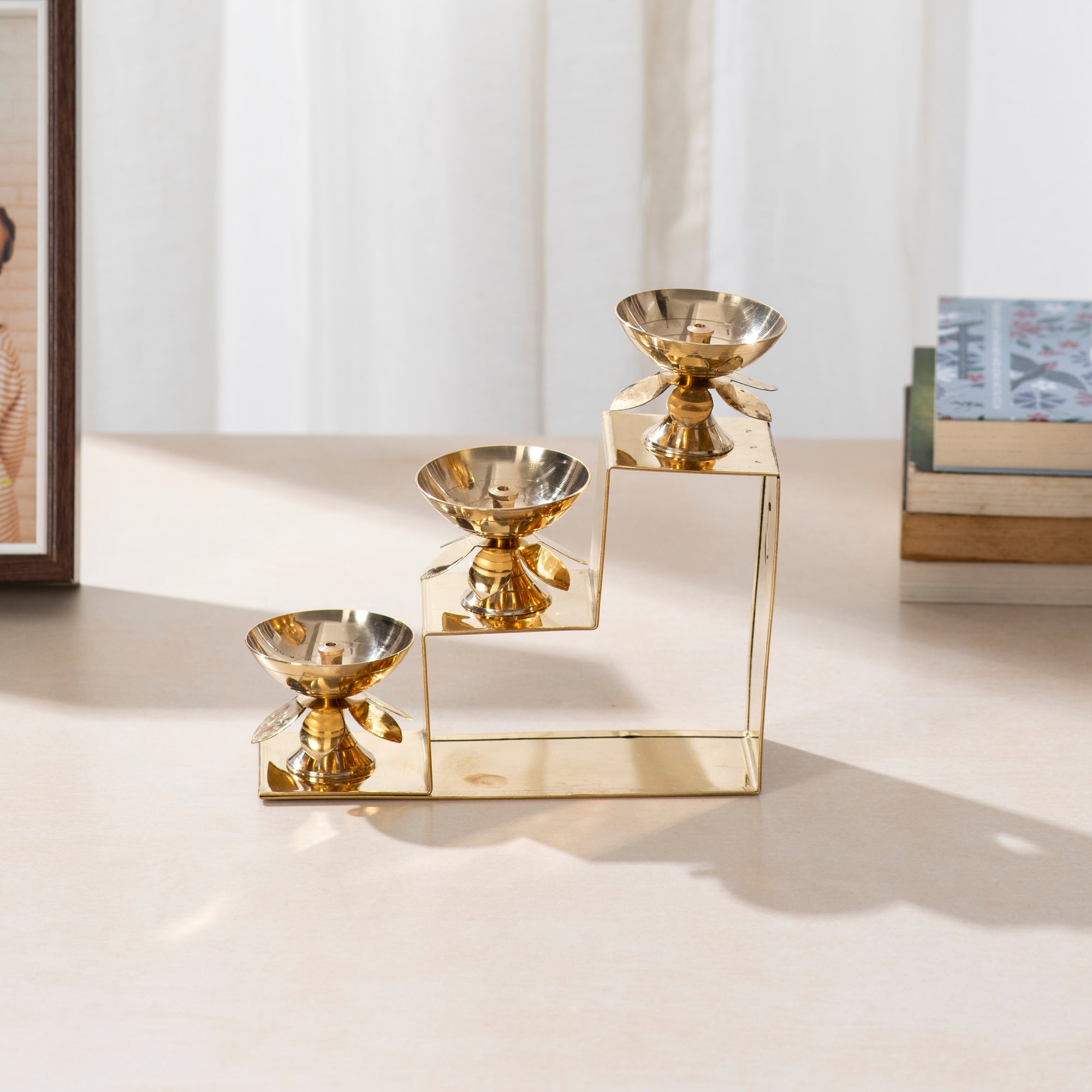Brass Lotus Diya with Three Step Stand