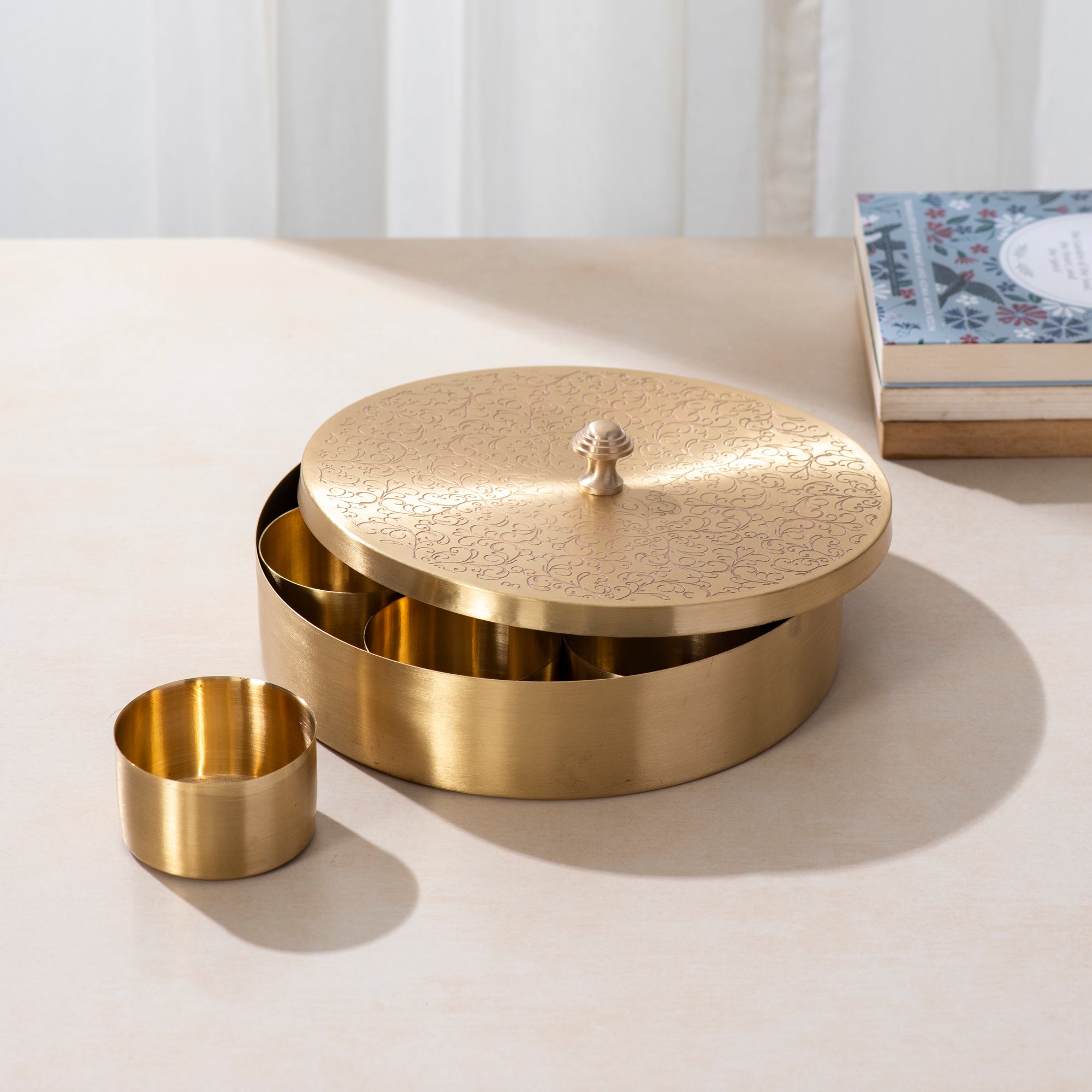 Brass Masala Box with Spoon - 6 inch