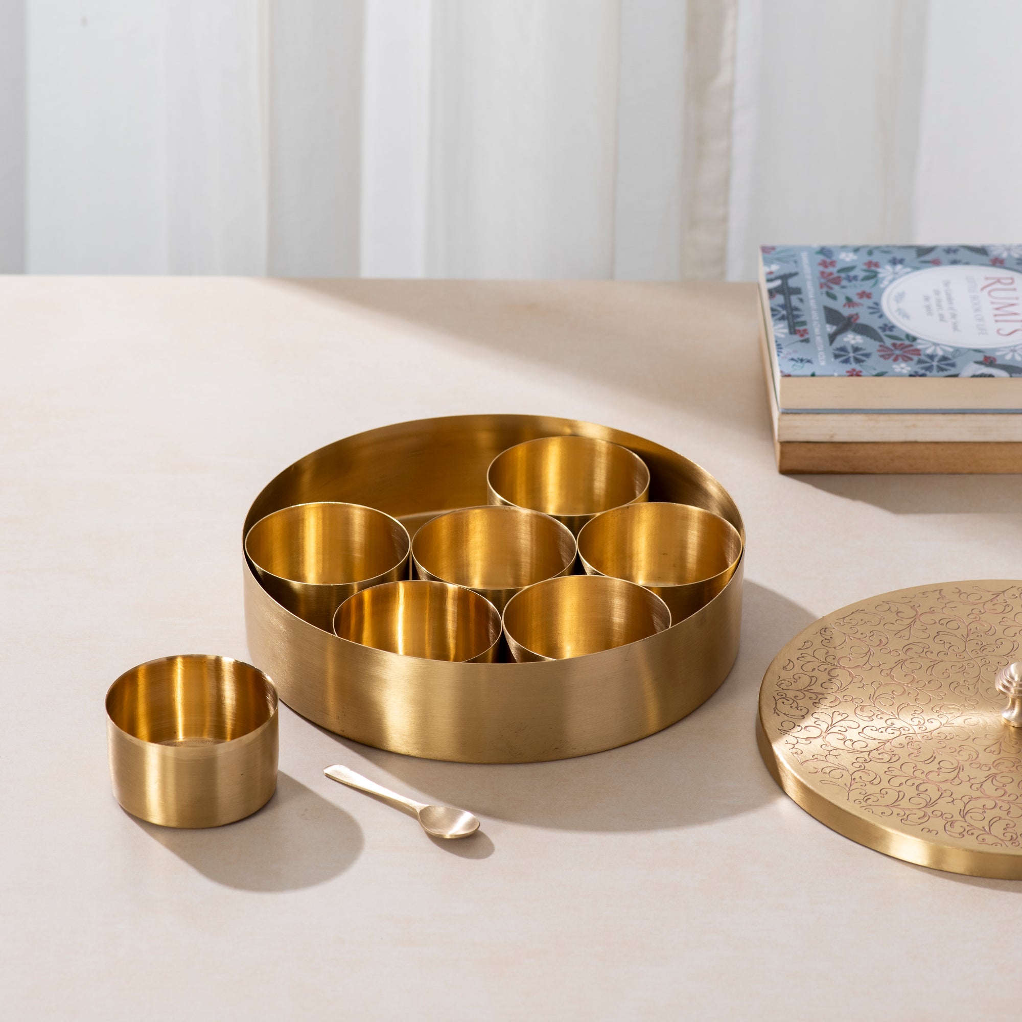 Brass Masala Box with Spoon - 6 inch