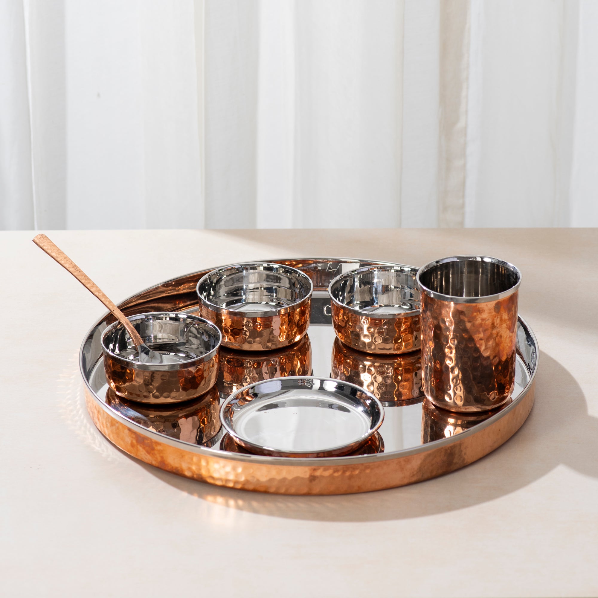 Copper Steel Thali Set Royal Curved Shiny Look