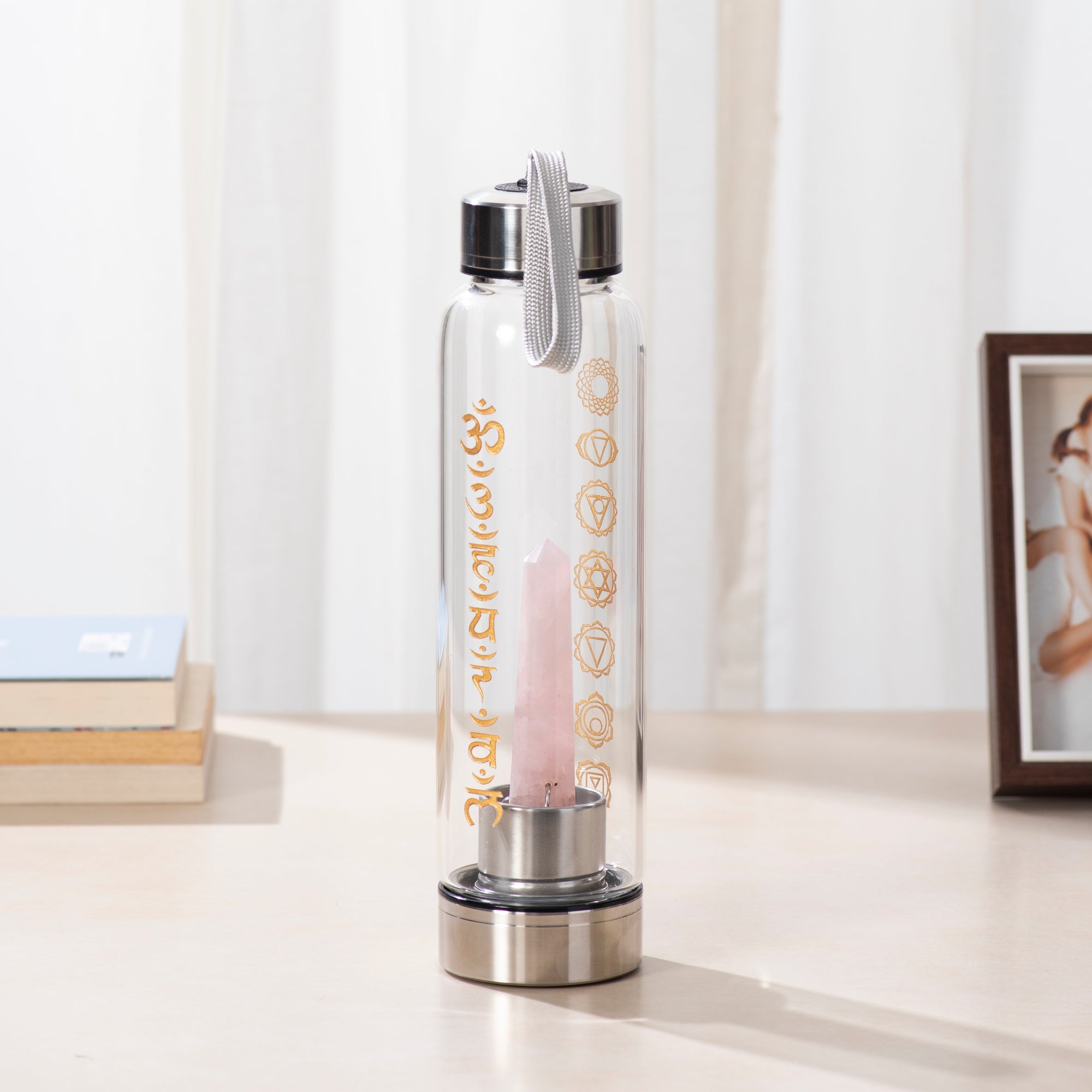 Crystal Glass Water Bottle with Rose Quartz Point Pencil