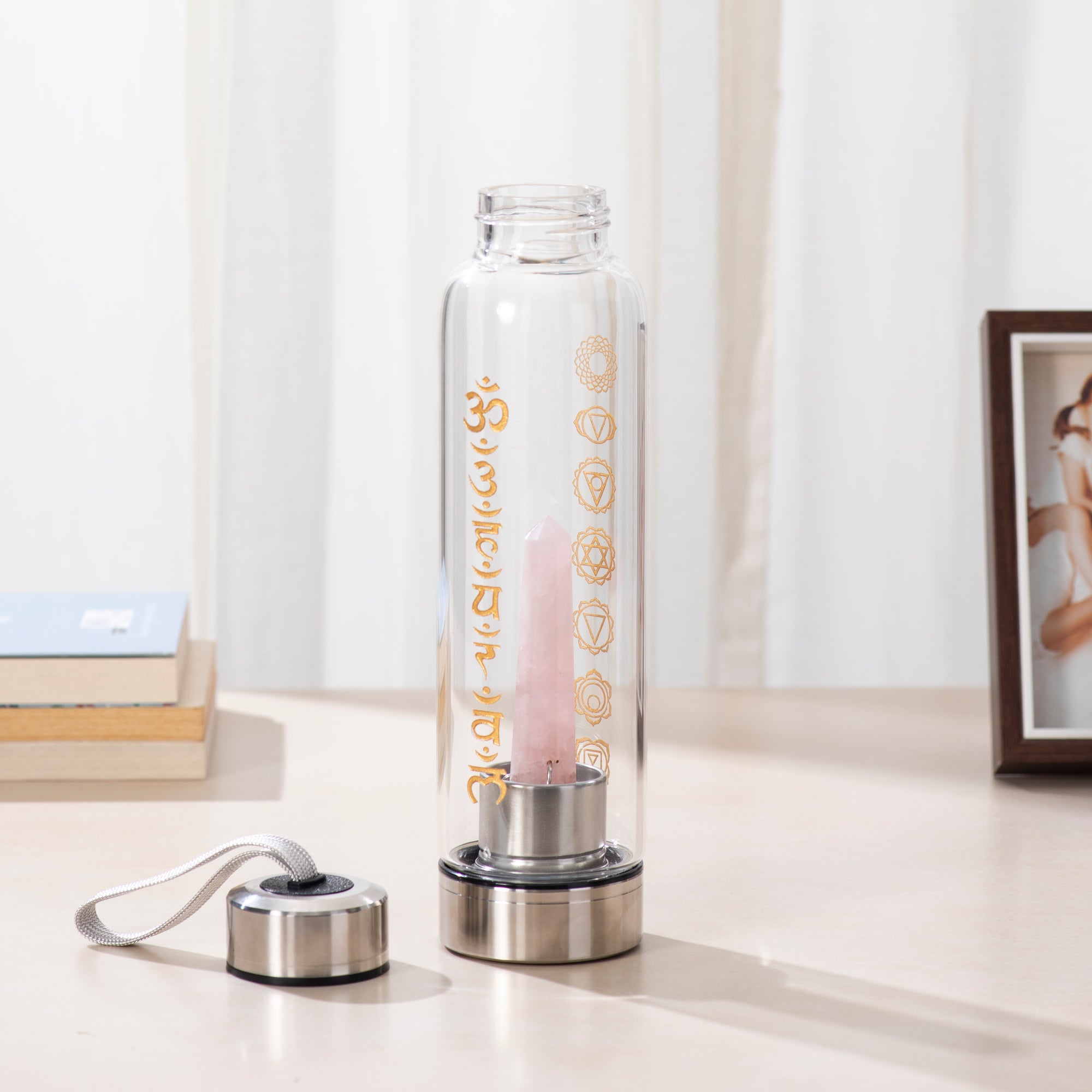 Crystal Glass Water Bottle with Rose Quartz Point Pencil