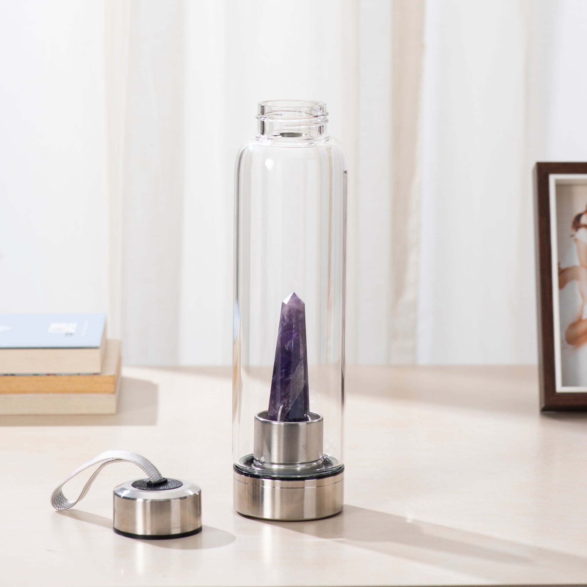 Crystal Glass Water Bottle with Amethyst Gemstone Point Pencil