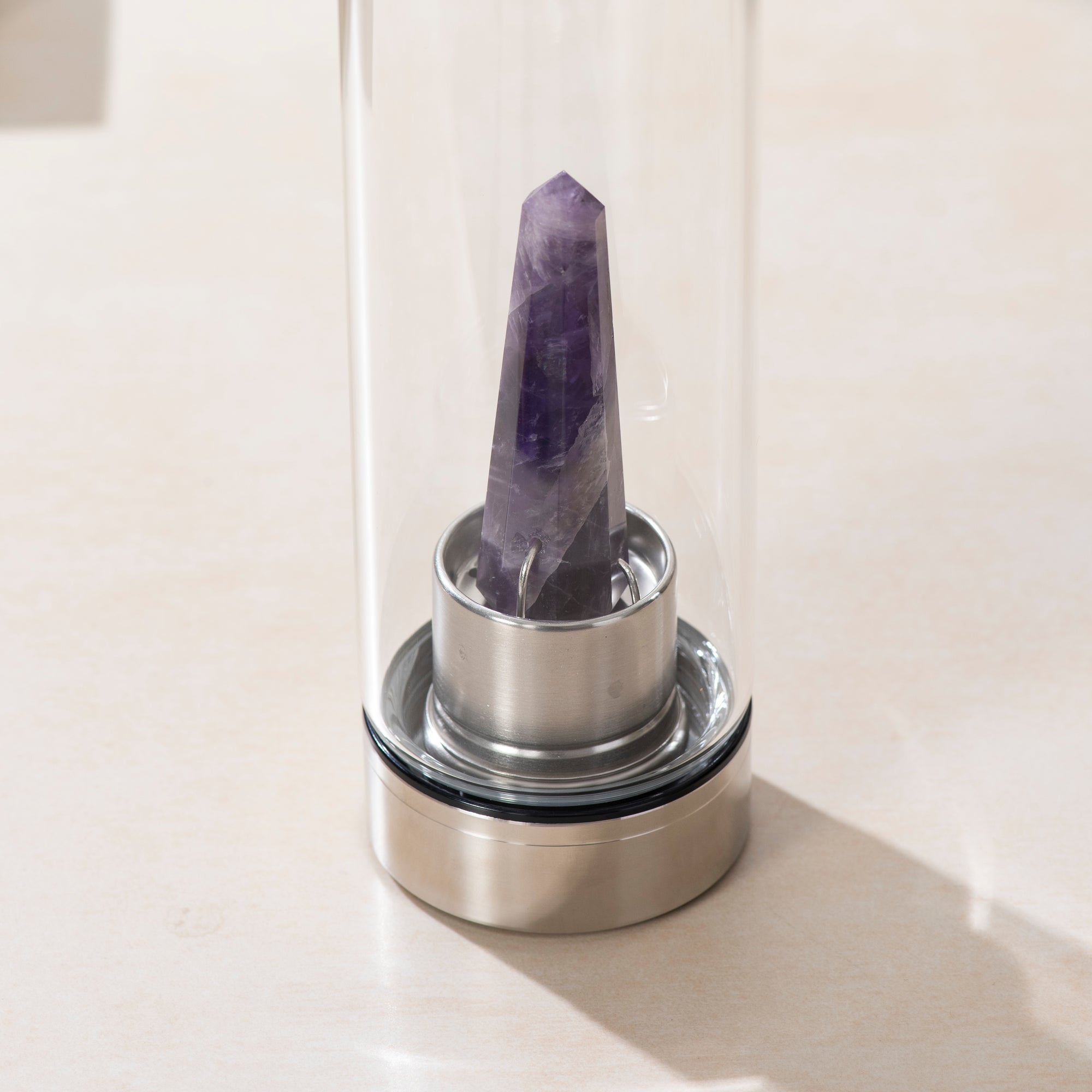 Crystal Glass Water Bottle with Amethyst Gemstone Point Pencil