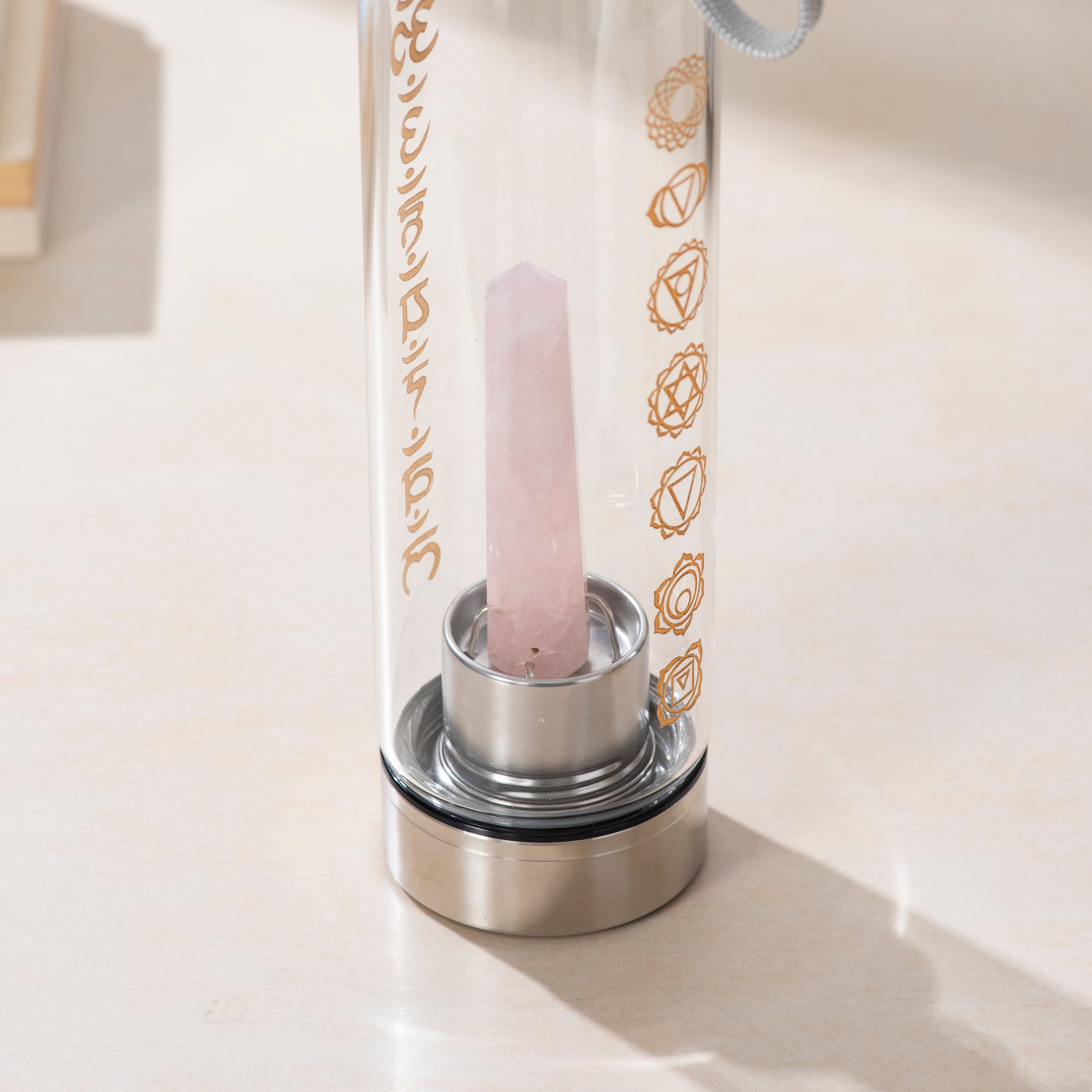 Crystal Glass Water Bottle with Rose Quartz Point Pencil