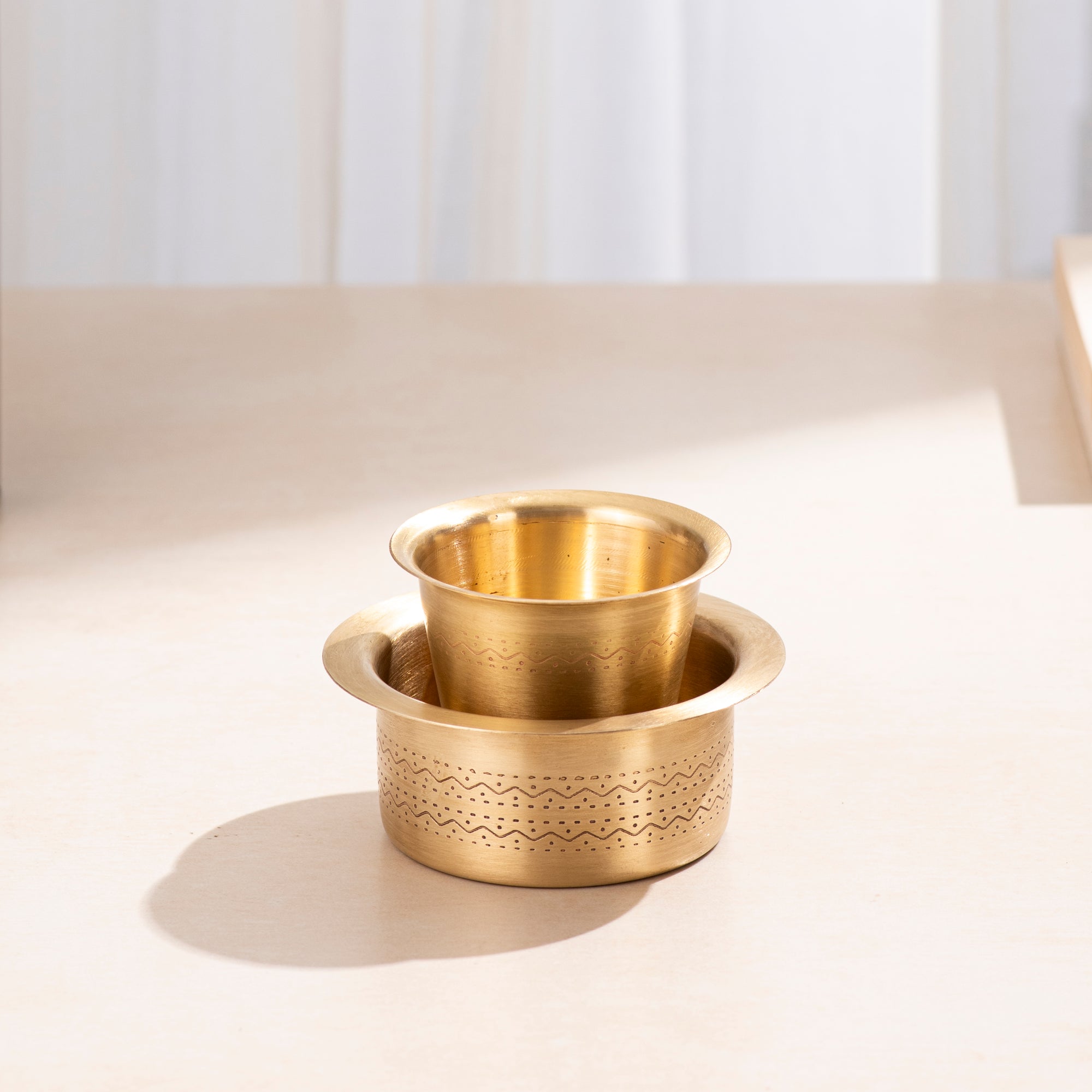 Brass Handcrafted Coffee Filter with Dabara Set - Traditional South Indian Coffee Experience