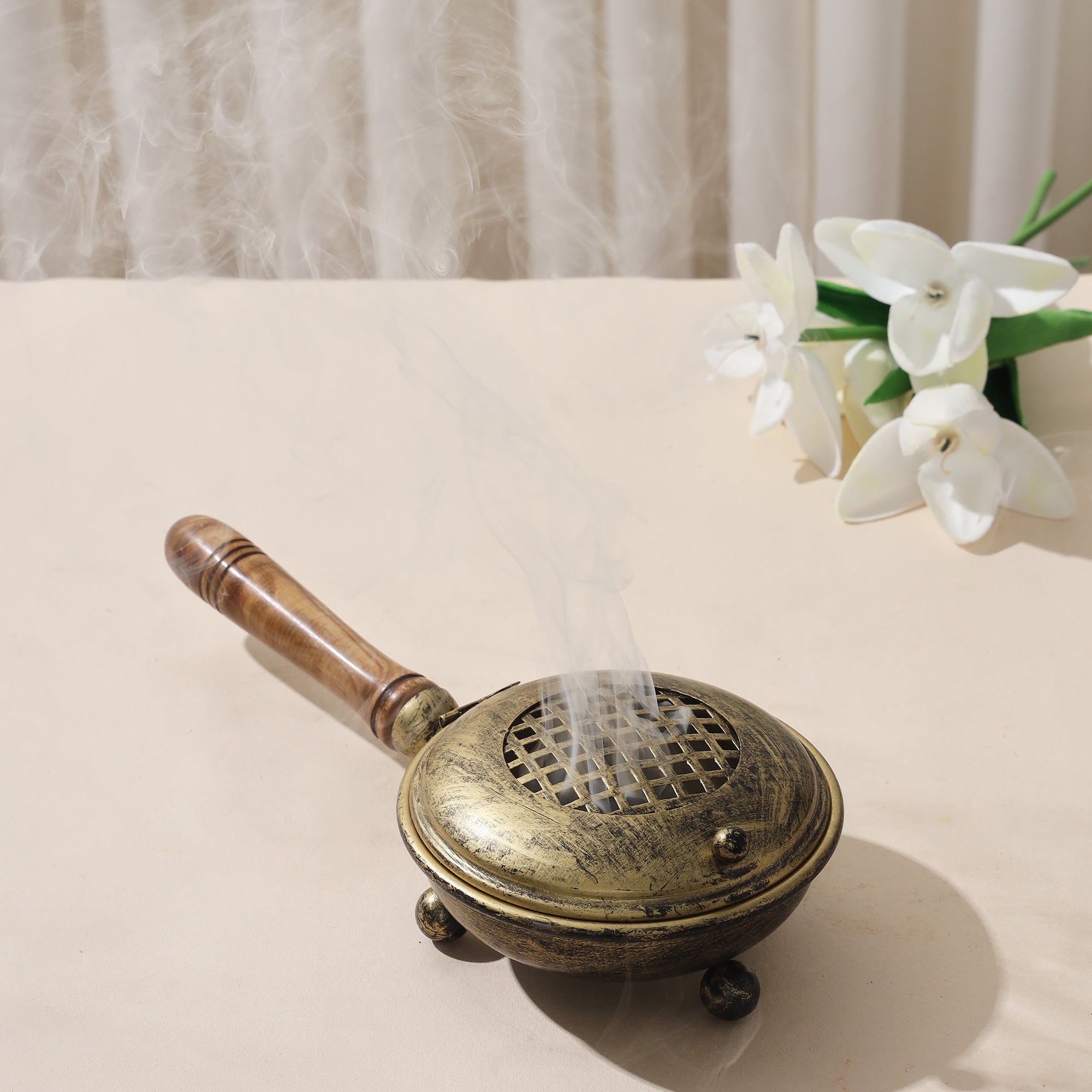 Vintage Brass Coating Dhuna/Lohban with Wooden Handle- 10 inch