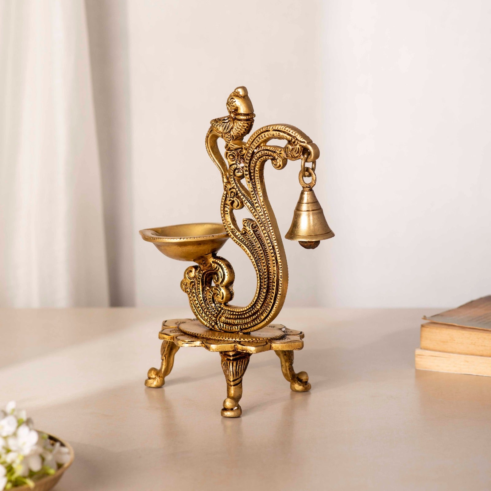 Brass Parrot Chowki Diya With Bell