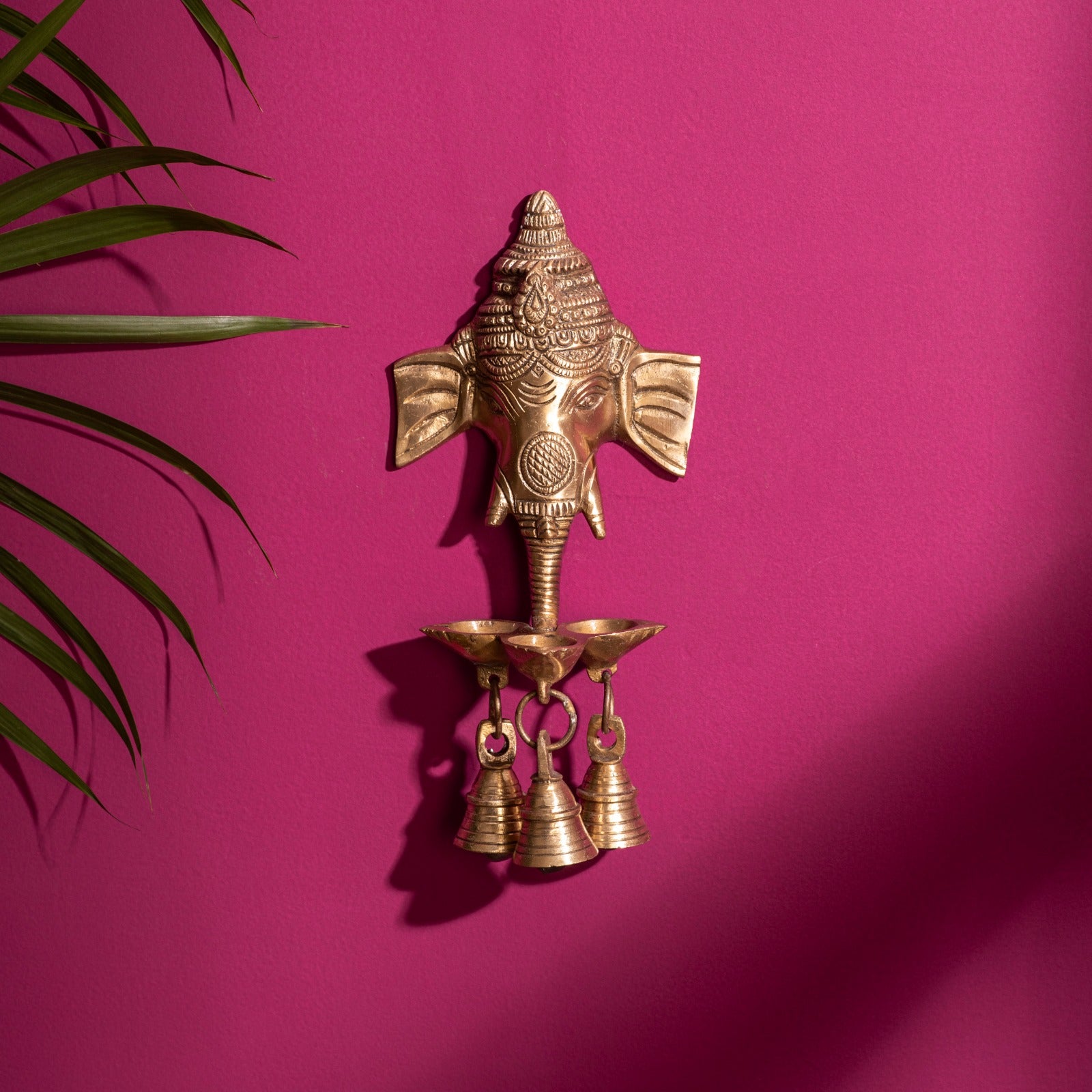 Brass Ganesha Three Face Diya With Bells - 8 Inch