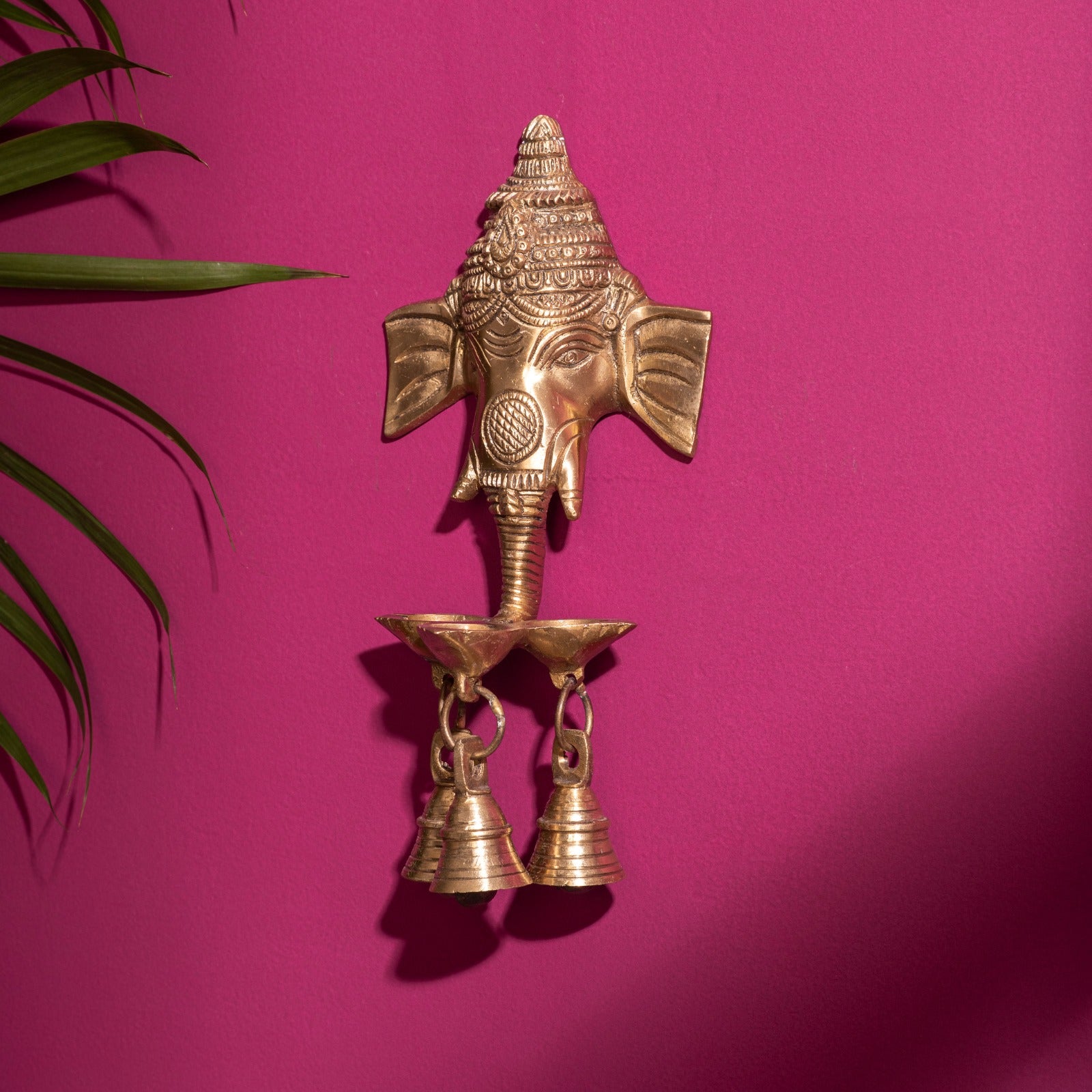 Brass Ganesha Three Face Diya With Bells - 8 Inch
