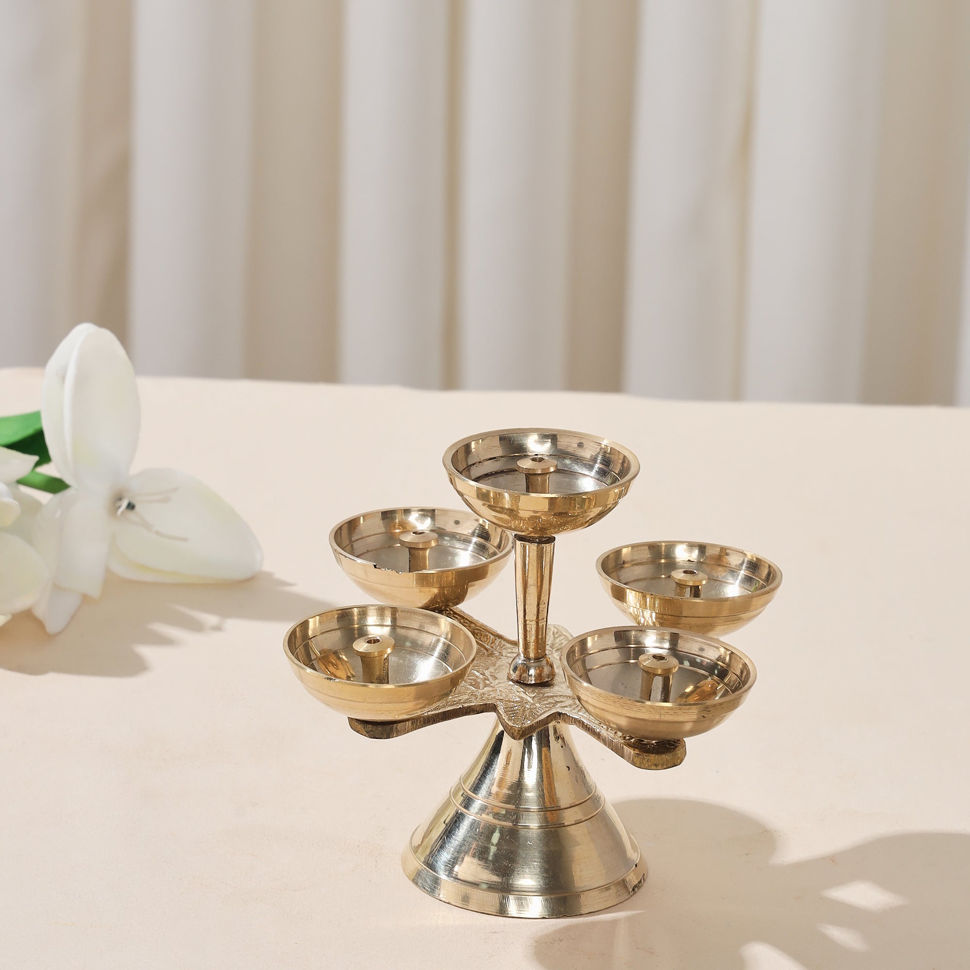 Brass 5 Face Bhadra Deepam with Stand- 4 inch